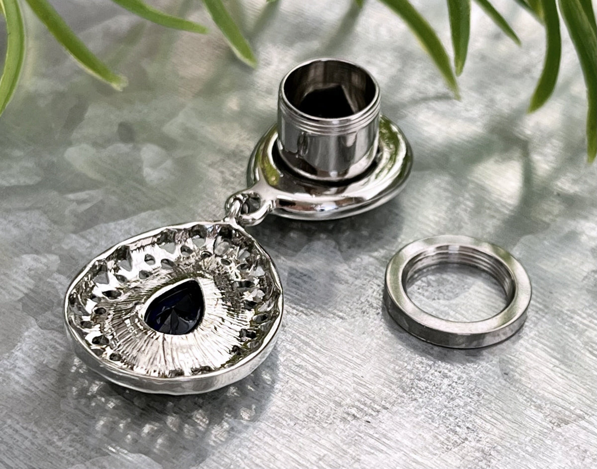 PAIR of Unique Crystal Paved Blue CZ Teardrop Gems w/ Filigree Dangle Screw Fit Tunnels/Plugs - Gauges 0g (8mm) thru 5/8" (16mm) available!