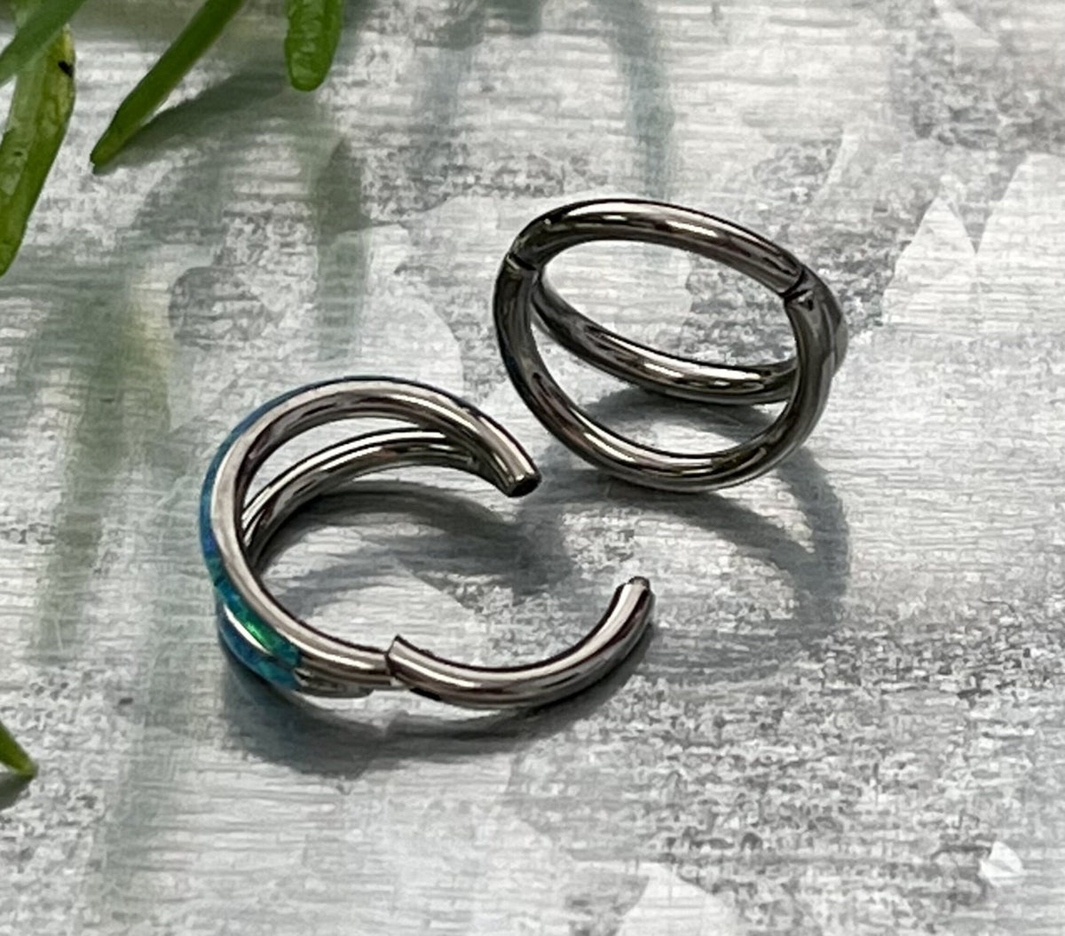 1 Piece Implant Grade Titanium Double Opal Lined Hinged Segment Septum Ring - White or Blue - Gauge 16g, Diameter 10mm & 8mm Available!