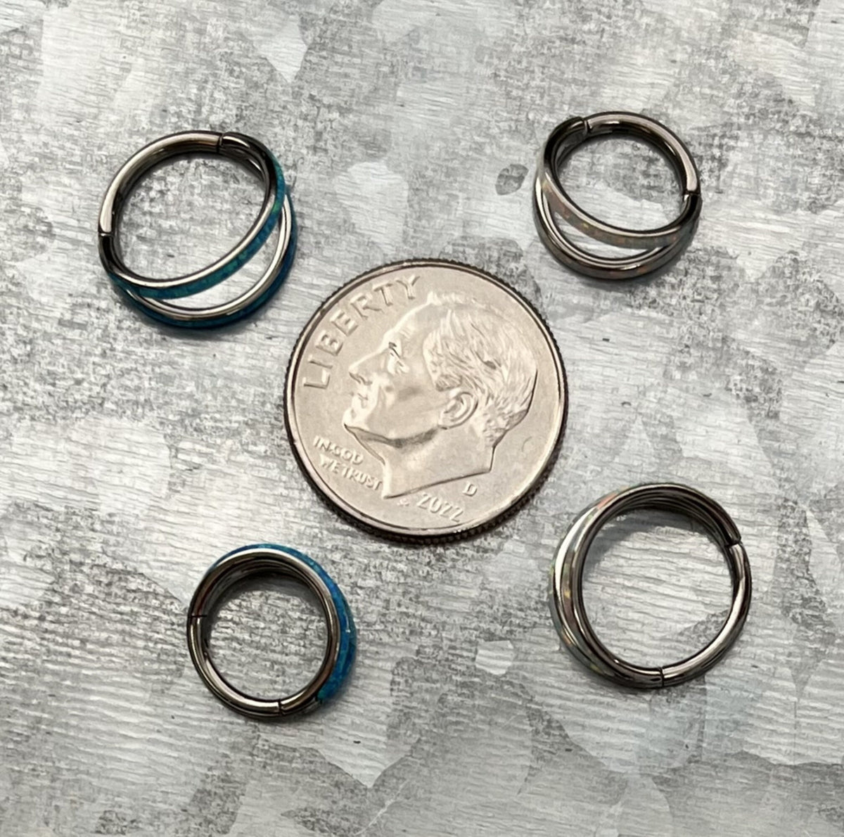 1 Piece Implant Grade Titanium Double Opal Lined Hinged Segment Septum Ring - White or Blue - Gauge 16g, Diameter 10mm & 8mm Available!