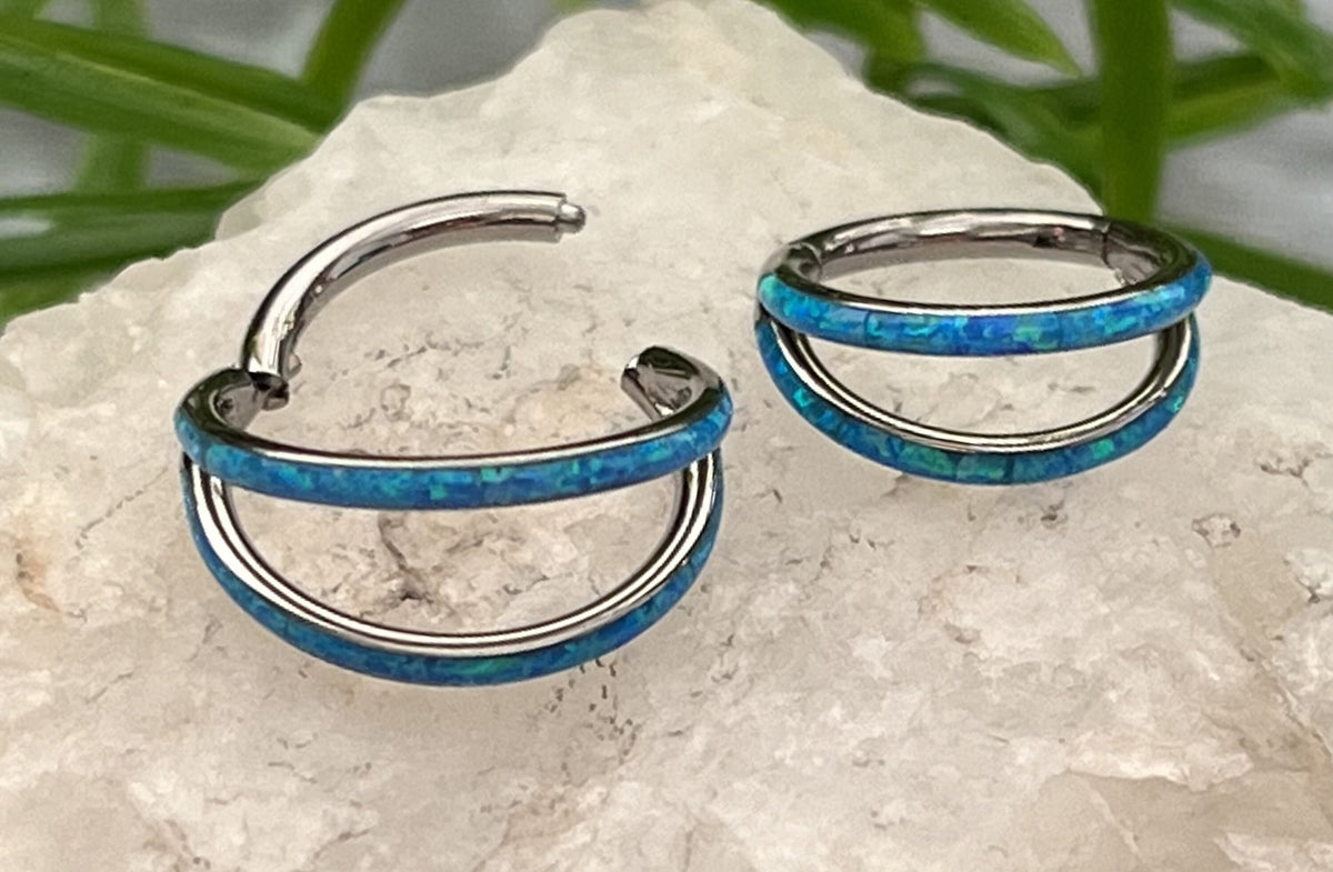 1 Piece Implant Grade Titanium Double Opal Lined Hinged Segment Septum Ring - White or Blue - Gauge 16g, Diameter 10mm & 8mm Available!