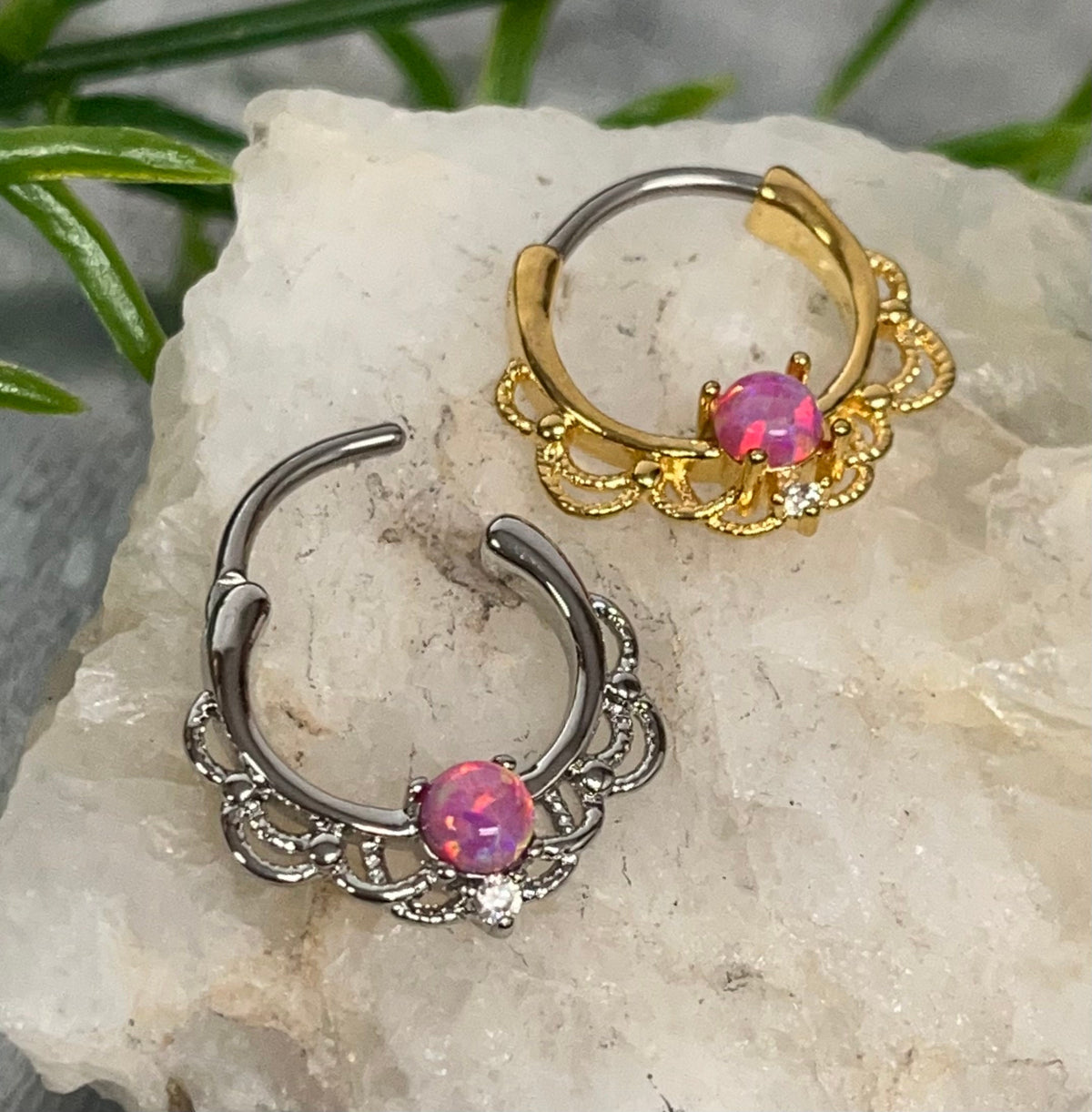 1 Piece Beautiful Lacey Opal & CZ Gem Septum Steel Ring - 16g - 9.5mm Internal Diamater - Blue, Pink, Purple and White in Gold or Silver!!