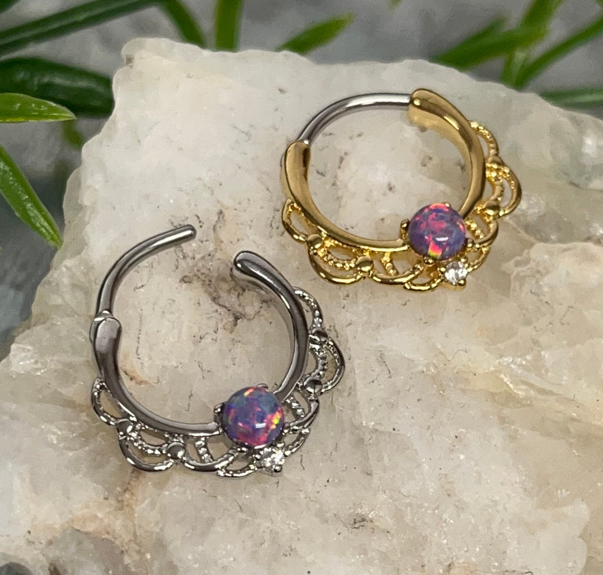 1 Piece Beautiful Lacey Opal & CZ Gem Septum Steel Ring - 16g - 9.5mm Internal Diamater - Blue, Pink, Purple and White in Gold or Silver!!