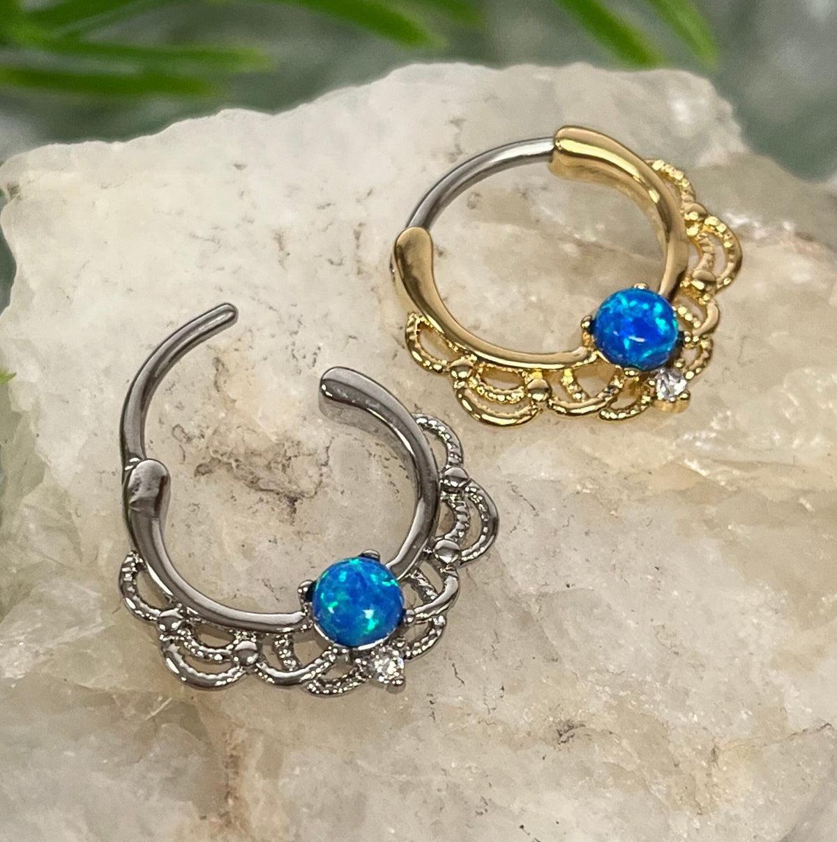 1 Piece Beautiful Lacey Opal & CZ Gem Septum Steel Ring - 16g - 9.5mm Internal Diamater - Blue, Pink, Purple and White in Gold or Silver!!