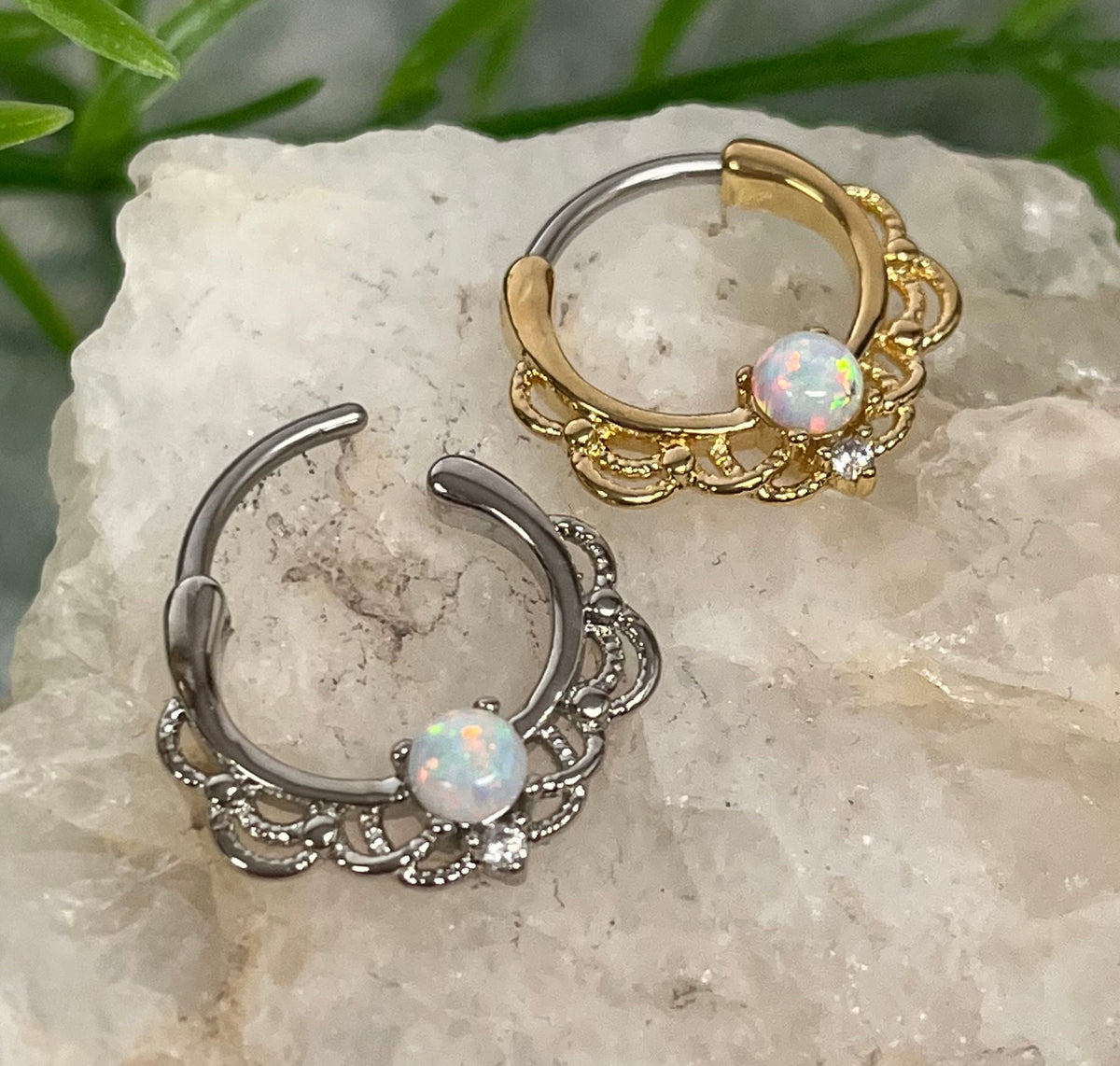 1 Piece Beautiful Lacey Opal & CZ Gem Septum Steel Ring - 16g - 9.5mm Internal Diamater - Blue, Pink, Purple and White in Gold or Silver!!