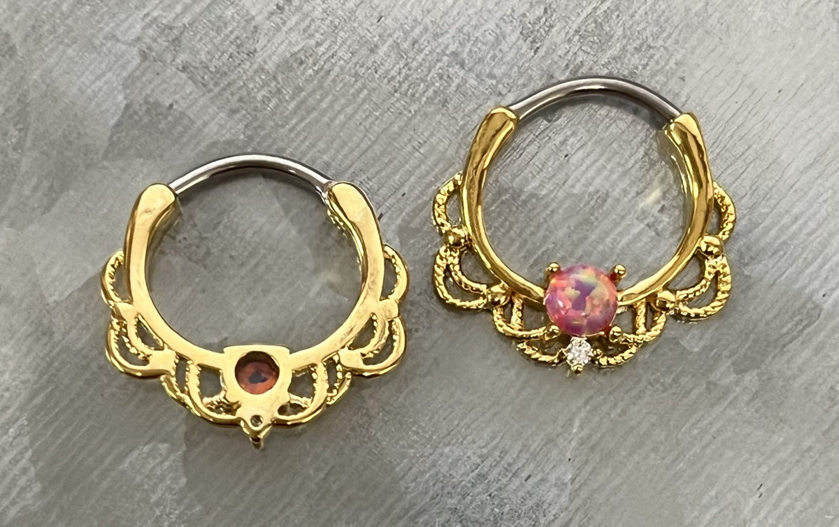 1 Piece Beautiful Lacey Opal & CZ Gem Septum Steel Ring - 16g - 9.5mm Internal Diamater - Blue, Pink, Purple and White in Gold or Silver!!