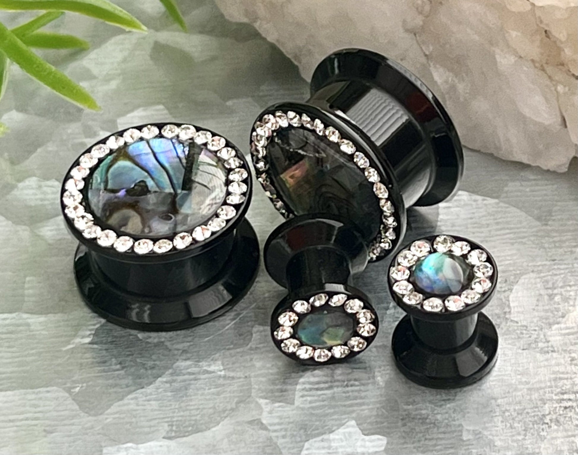 PAIR of Unique Abalone Center Inlay with CZ Gem Acrylic Screw Fit Stash Plugs - ONLY Gauges 1/2" (12mm) & 9/16 (14mm) Available!