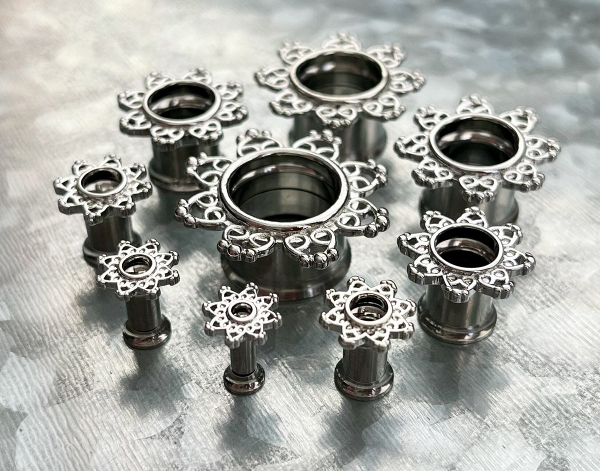 PAIR of Beautiful Tribal Hearts Filigree Internally Threaded Double Flare Steel Tunnels - Gauges 8g (3mm) thru 5/8" (16mm) available!