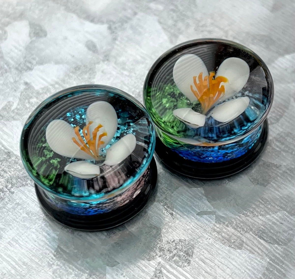 PAIR of Unique Floating White Flower Pyrex Glass Double Flare Plugs - Gauges 0g (8mm) through 5/8" (16mm) available!