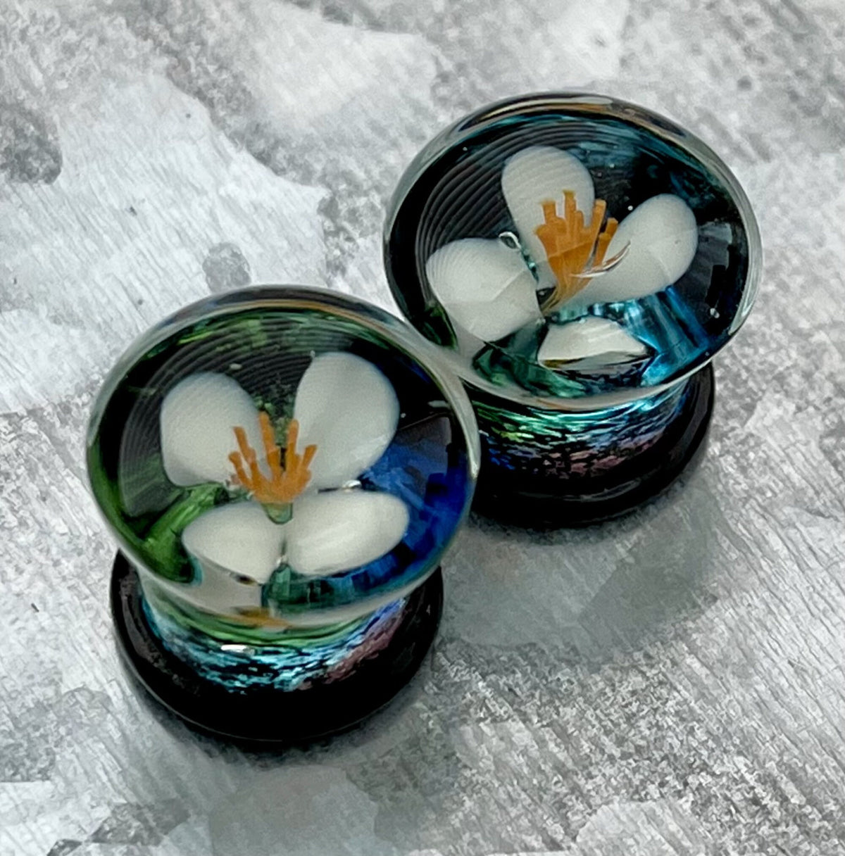 PAIR of Unique Floating White Flower Pyrex Glass Double Flare Plugs - Gauges 0g (8mm) through 5/8" (16mm) available!