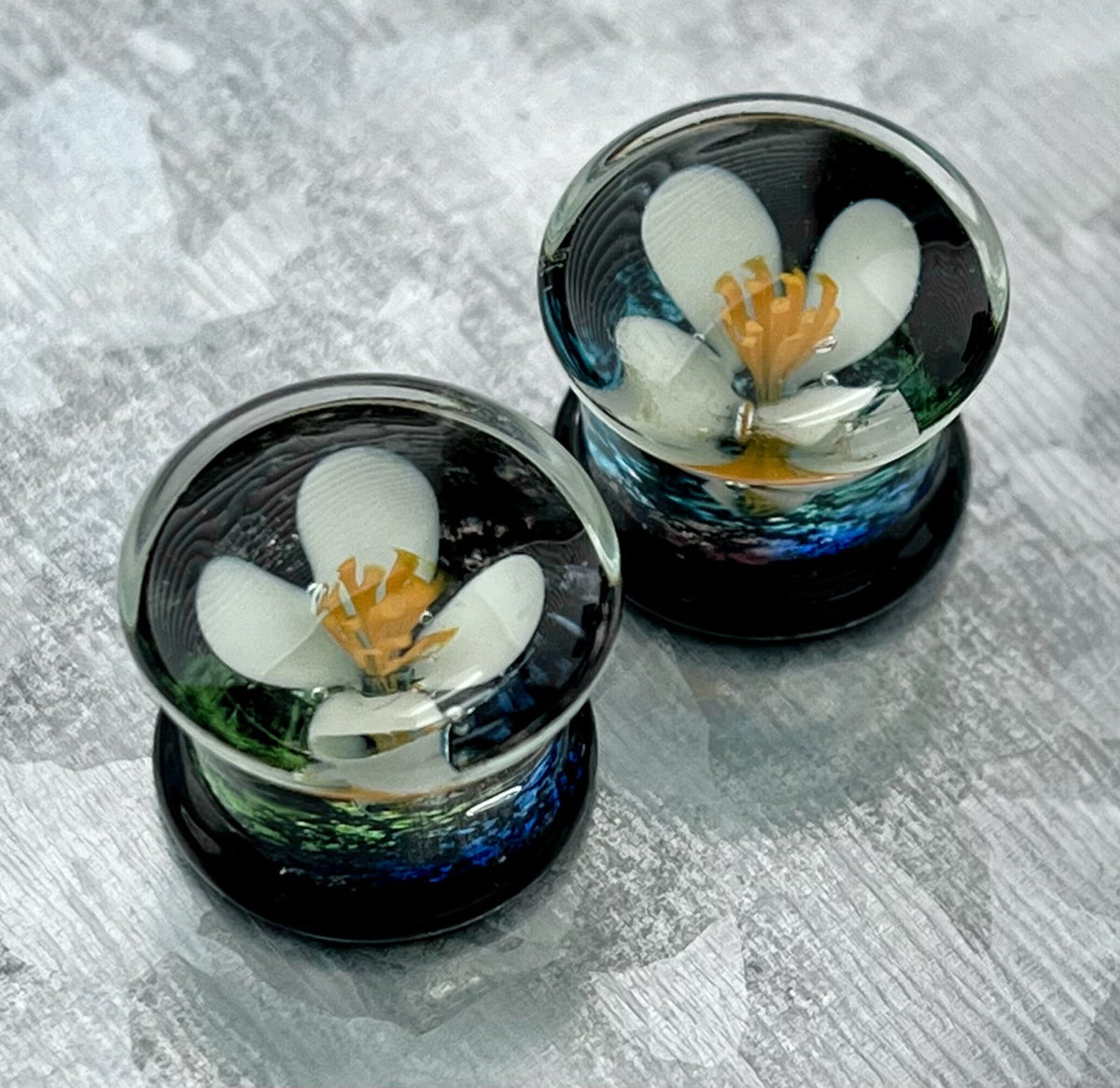 PAIR of Unique Floating White Flower Pyrex Glass Double Flare Plugs - Gauges 0g (8mm) through 5/8" (16mm) available!