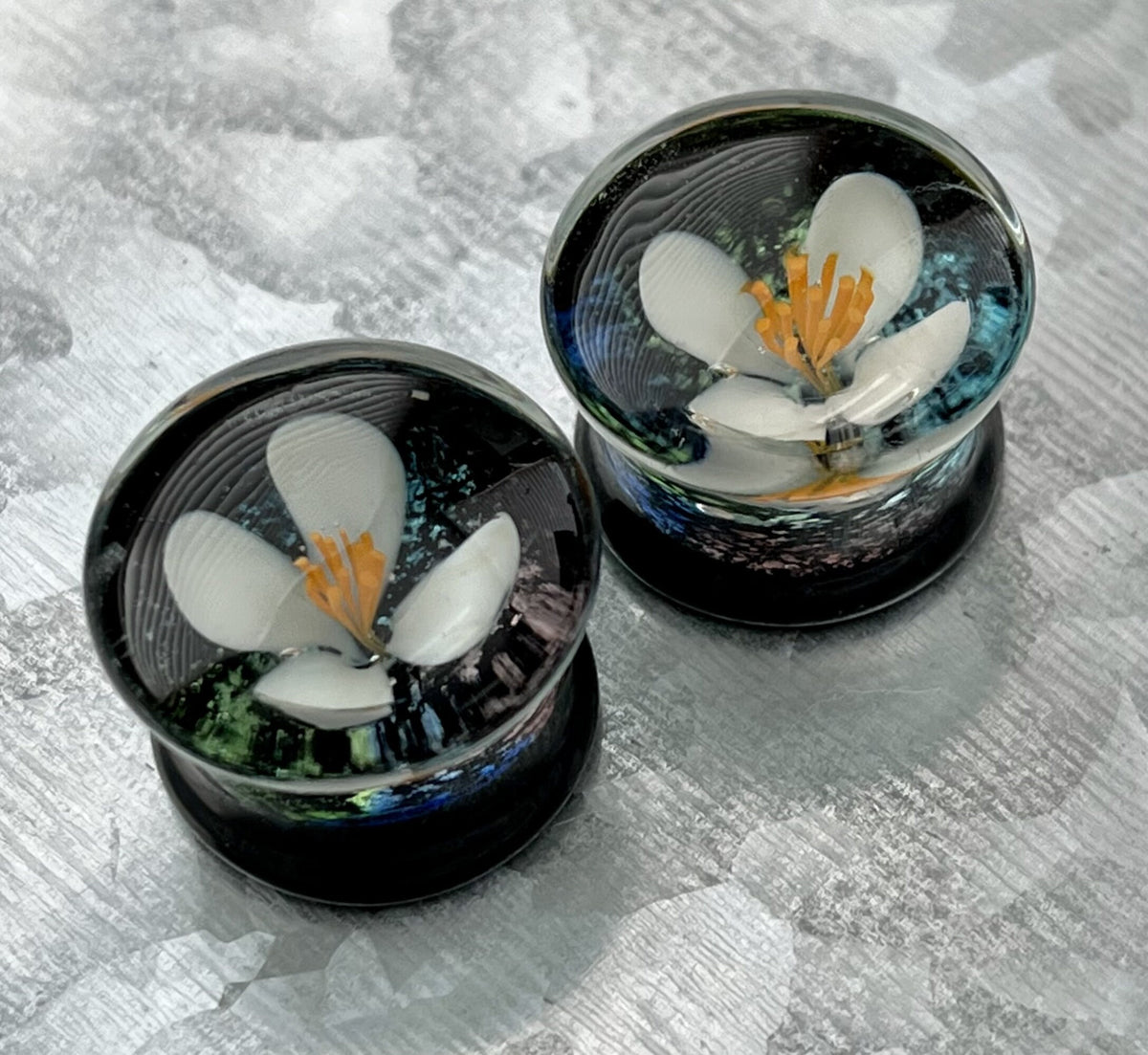 PAIR of Unique Floating White Flower Pyrex Glass Double Flare Plugs - Gauges 0g (8mm) through 5/8" (16mm) available!