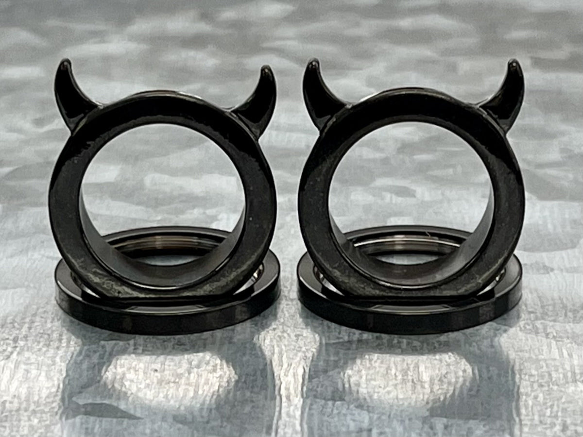PAIR of Unique Devil Horns Black PVD Steel Screw Fit Tunnels Plugs - Gauges 2g (6mm) thru 5/8" (16mm) Available!
