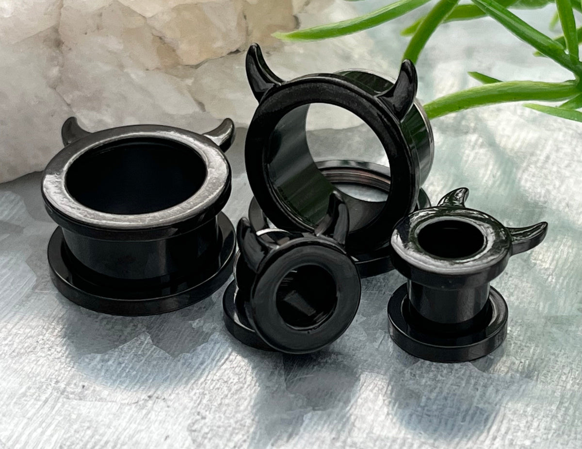 PAIR of Unique Devil Horns Black PVD Steel Screw Fit Tunnels Plugs - Gauges 2g (6mm) thru 5/8" (16mm) Available!