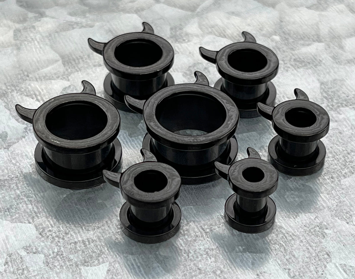 PAIR of Unique Devil Horns Black PVD Steel Screw Fit Tunnels Plugs - Gauges 2g (6mm) thru 5/8" (16mm) Available!