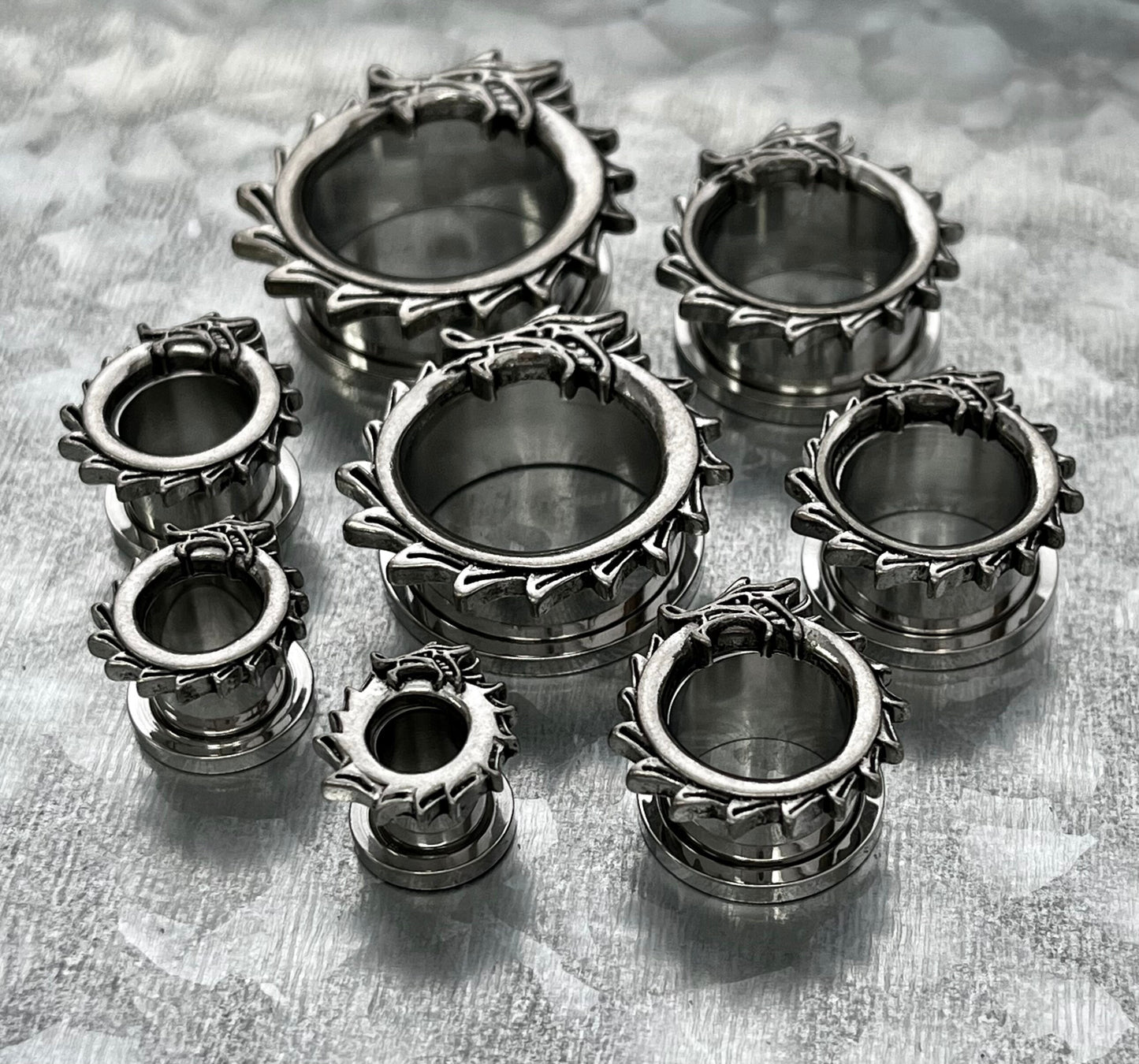 PAIR of Unique Coiled Dragon Rimmed Steel Screw Fit Steel Tunnels/Plugs - Gauges 0g (8mm) thru 1" (25mm) available!