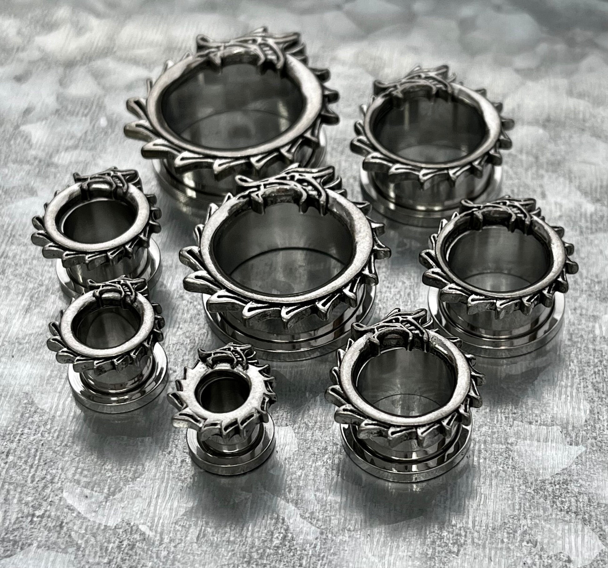 PAIR of Unique Coiled Dragon Rimmed Steel Screw Fit Steel Tunnels/Plugs - Gauges 0g (8mm) thru 1" (25mm) available!