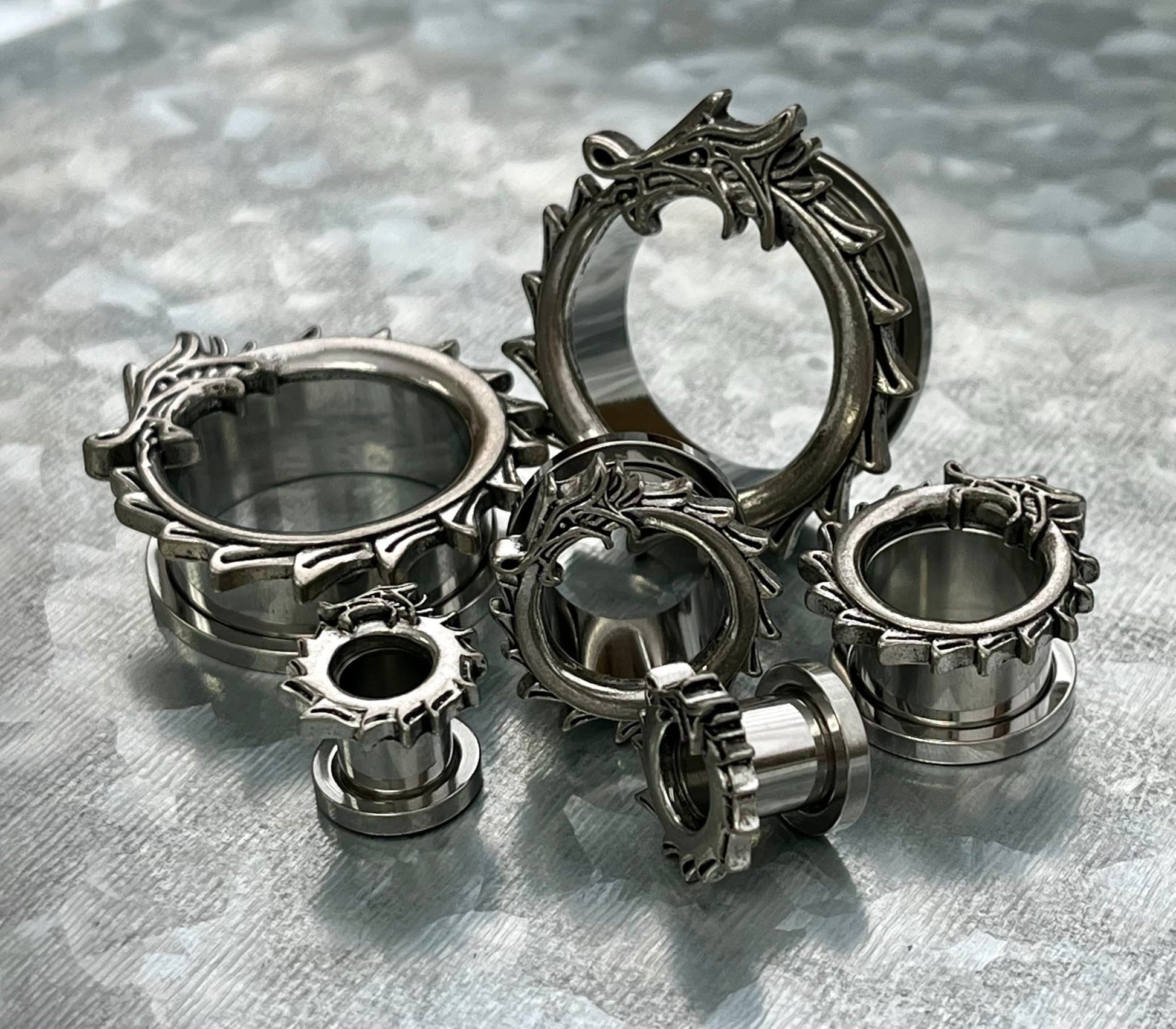 PAIR of Unique Coiled Dragon Rimmed Steel Screw Fit Steel Tunnels/Plugs - Gauges 0g (8mm) thru 1" (25mm) available!