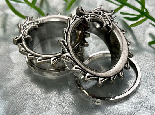 PAIR of Unique Coiled Dragon Rimmed Steel Screw Fit Steel Tunnels/Plugs - Gauges 0g (8mm) thru 1" (25mm) available!