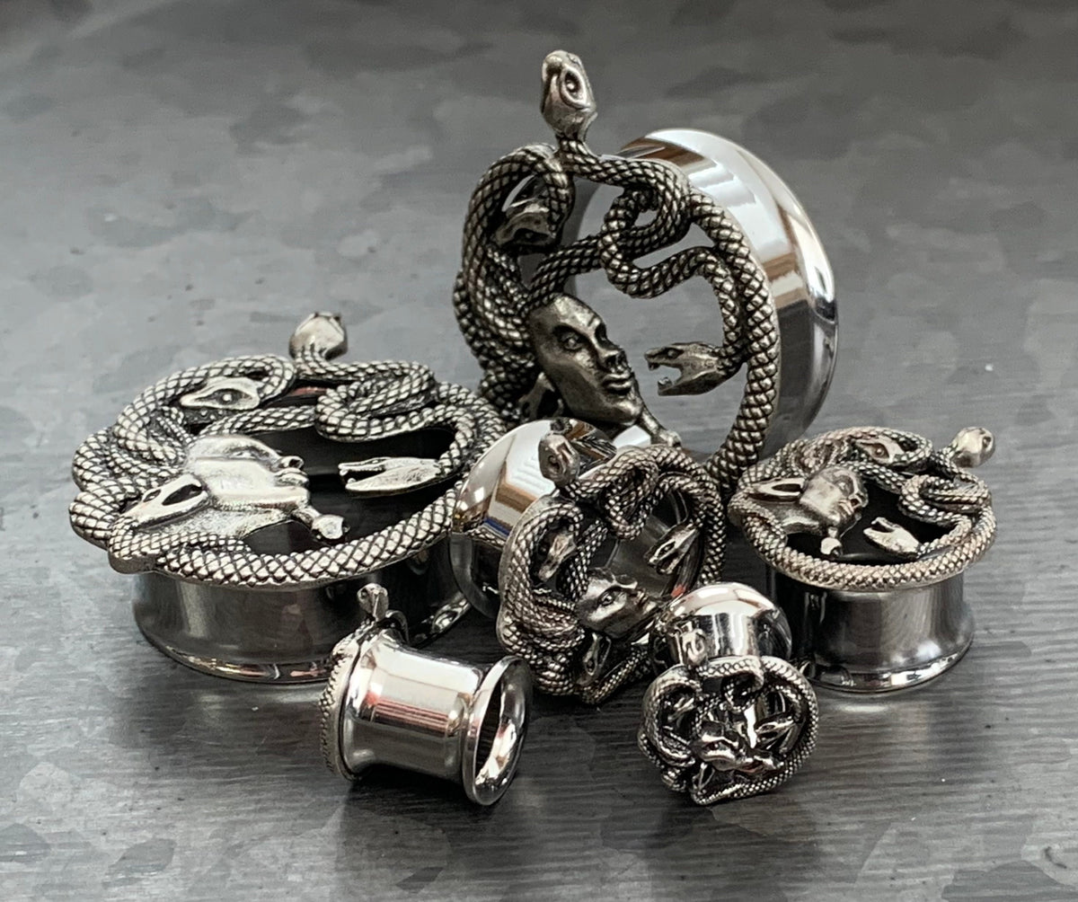 PAIR of Unique Medusa Snake Hair Steel Double Flare Tunnels/Plugs - Gauges 0g (8mm) thru 1" (25mm) available!