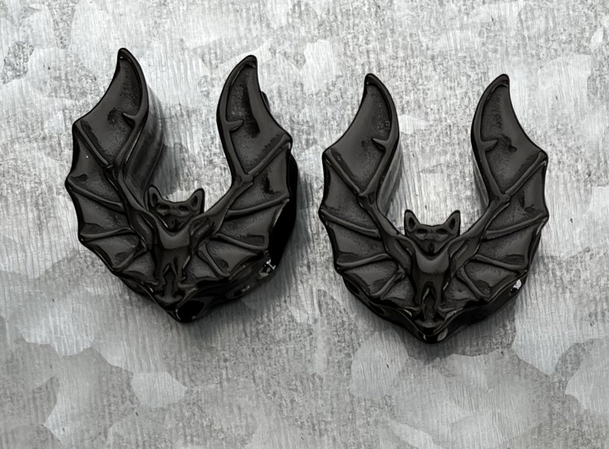 PAIR of Unique Black Bat Saddle Gothic Ear Spreader Surgical Steel Tunnels/Plugs - Gauges 0g (8mm) through 1" (25mm) available!