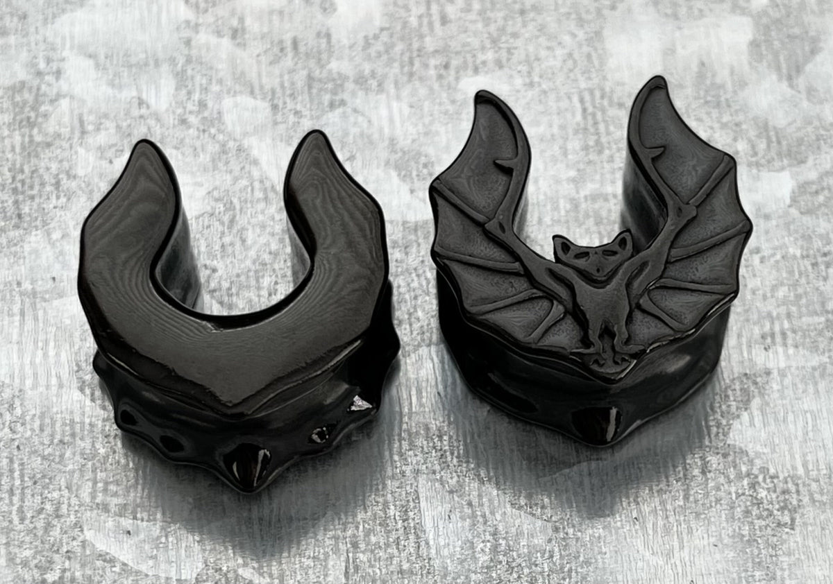 PAIR of Unique Black Bat Saddle Gothic Ear Spreader Surgical Steel Tunnels/Plugs - Gauges 0g (8mm) through 1" (25mm) available!