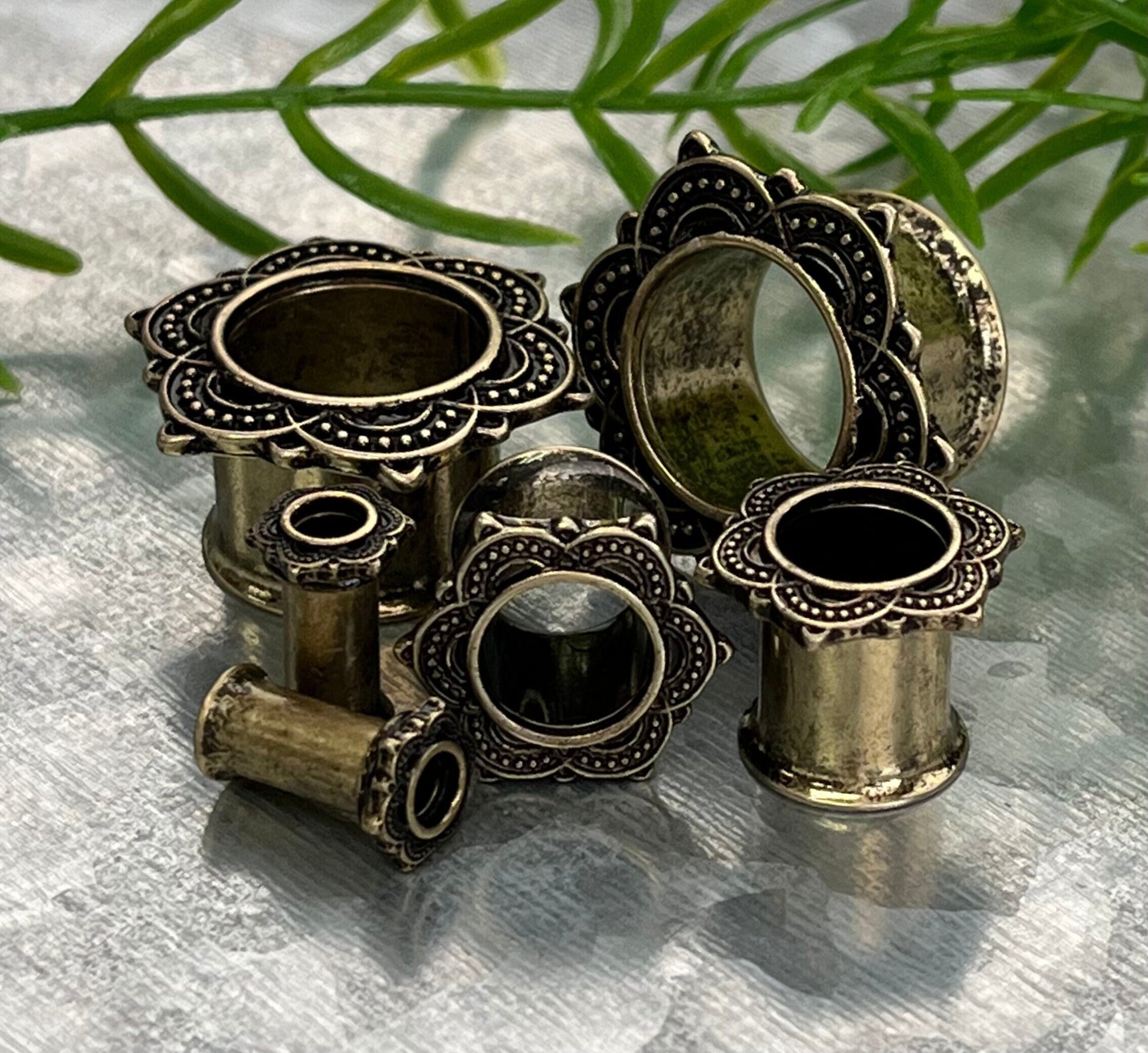 PAIR of Unique Antique Gold IP Rose of Sharon Tunnels Double Flare Steel Tunnels/Plugs - Gauges 4g (5mm) thru 5/8" (16mm) Available!