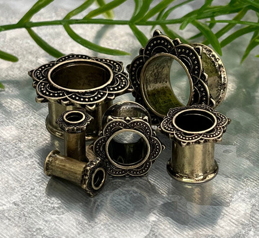 PAIR of Unique Antique Gold IP Rose of Sharon Tunnels Double Flare Steel Tunnels/Plugs - Gauges 4g (5mm) thru 5/8" (16mm) Available!