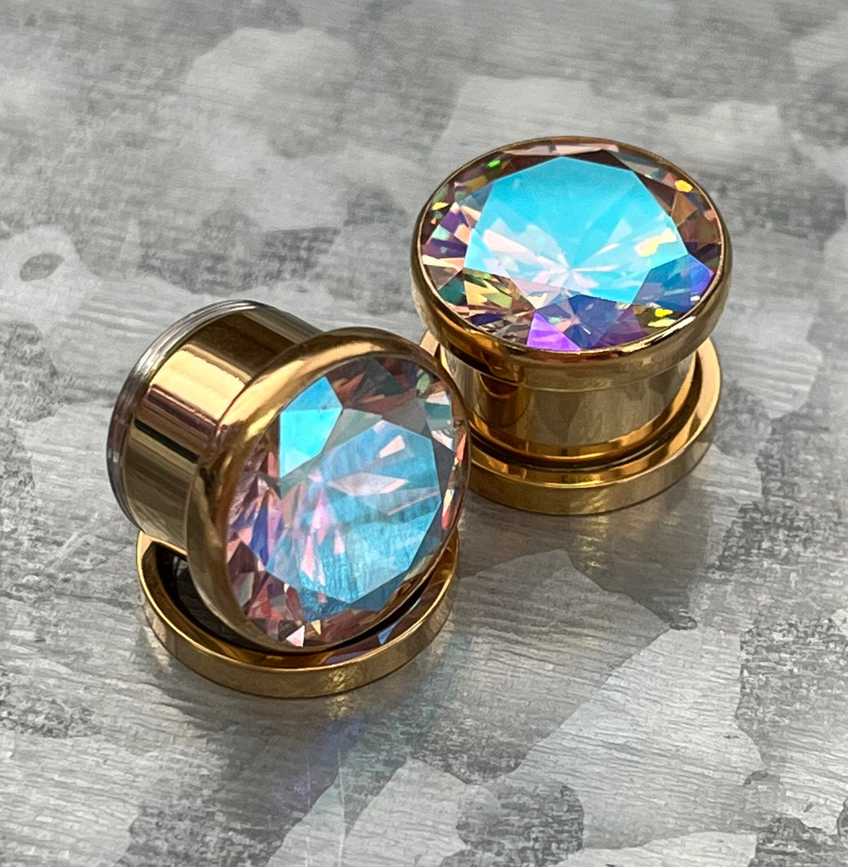 PAIR of Aurora Borealis CZ Gem Steel Screw Fit Tunnels/Plugs - Available in Black, Gold and Rainbow!