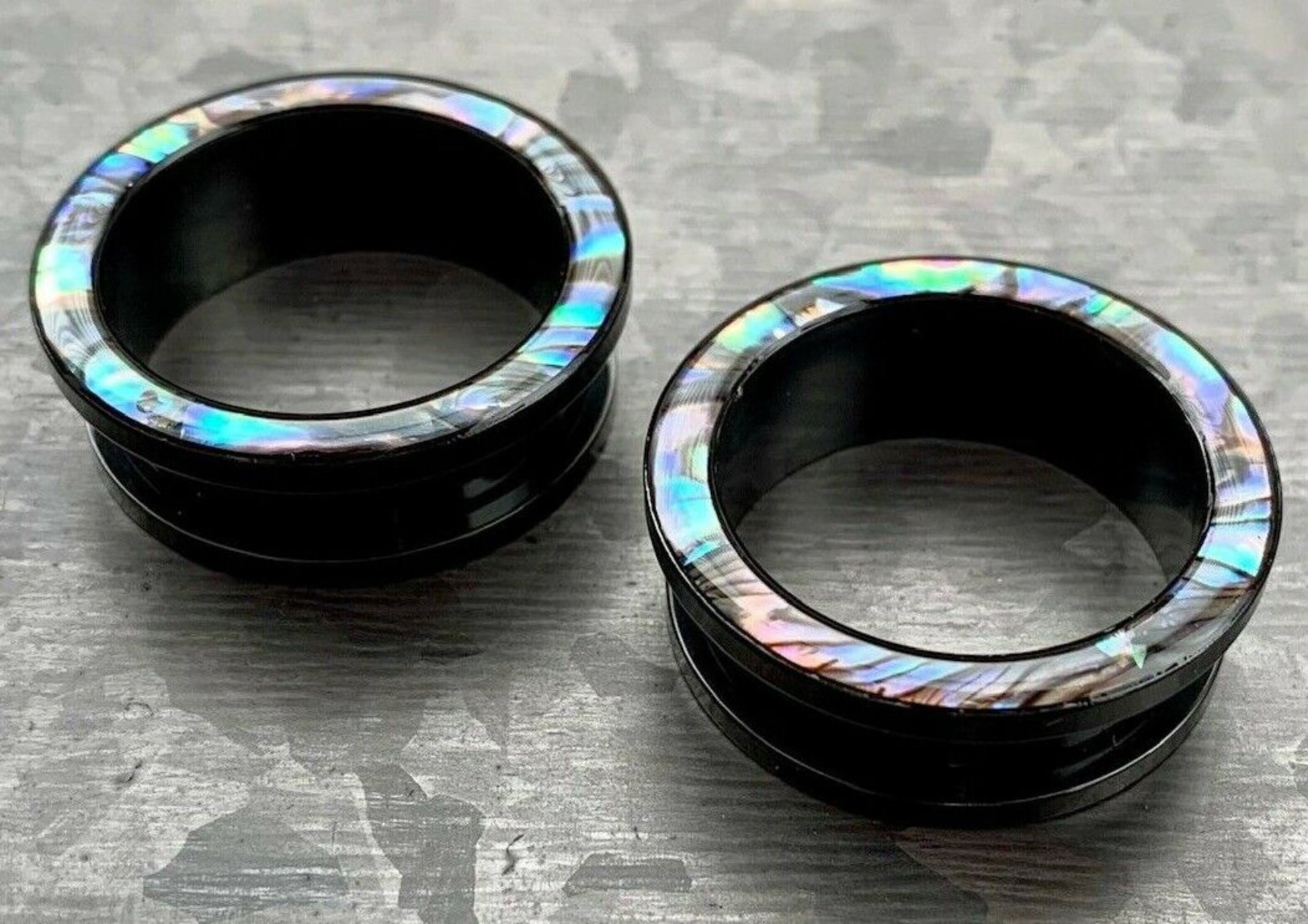 PAIR of Beautiful Abalone Rimmed Black Screw Fit Tunnels Plugs - Gauges 2g (6mm) thru 1" (25mm) available!