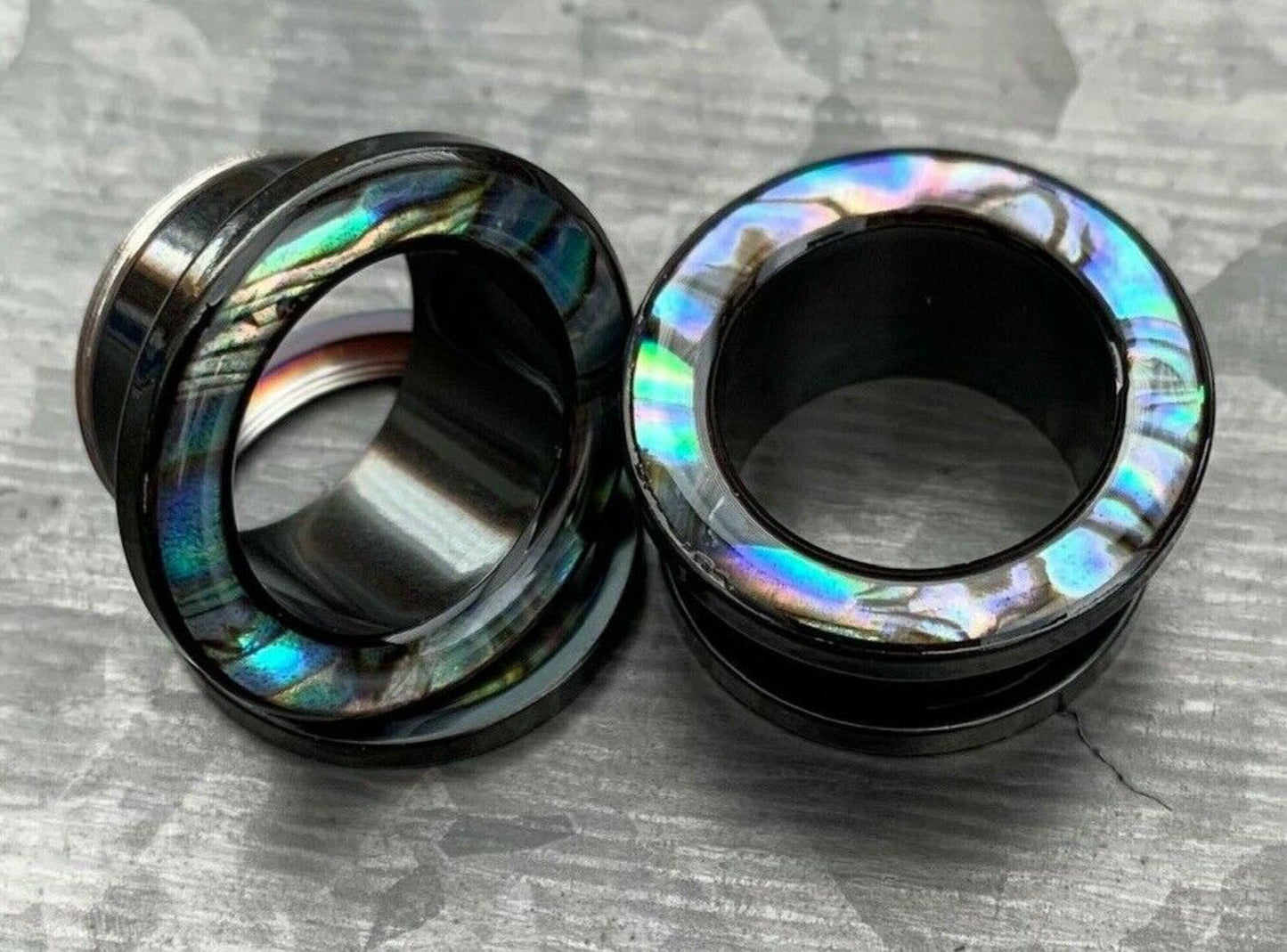 PAIR of Beautiful Abalone Rimmed Black Screw Fit Tunnels Plugs - Gauges 2g (6mm) thru 1" (25mm) available!