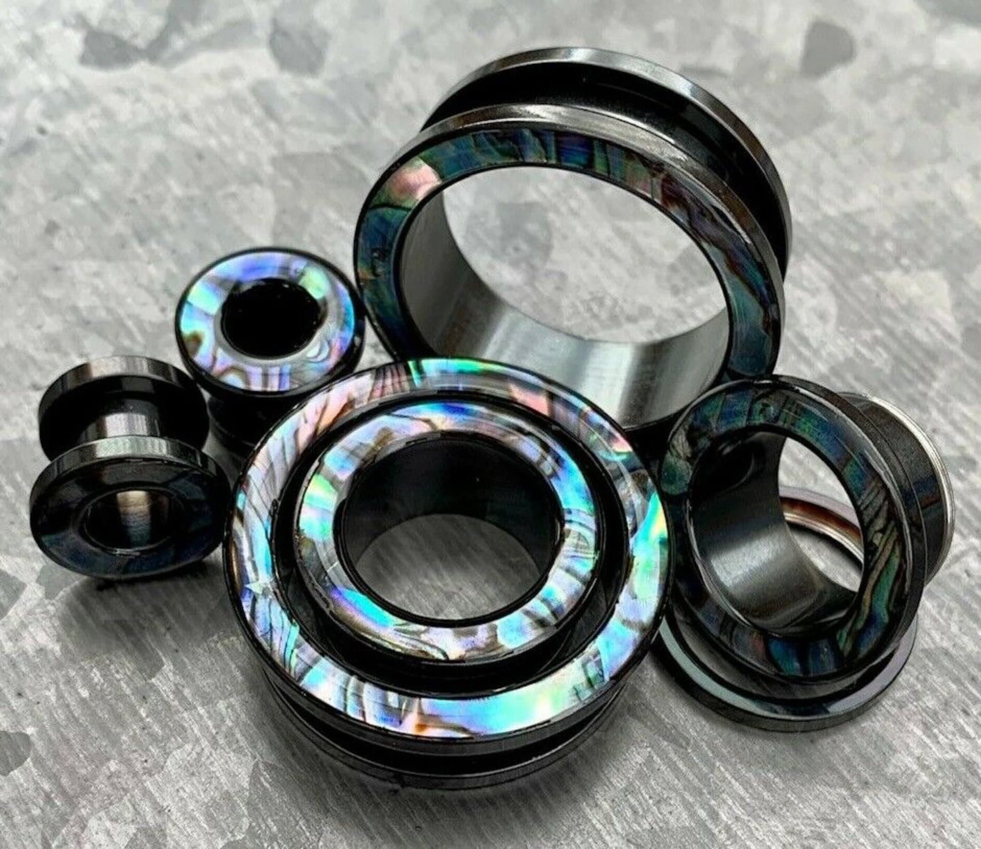 PAIR of Beautiful Abalone Rimmed Black Screw Fit Tunnels Plugs - Gauges 2g (6mm) thru 1" (25mm) available!