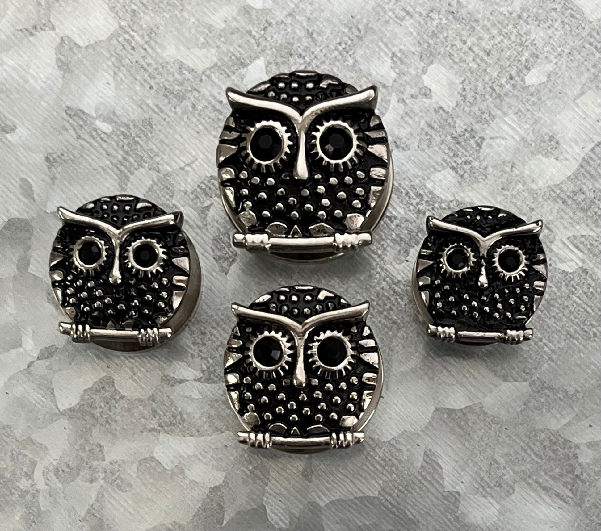 PAIR of Unique Owl with Black Gem Eyes Steel Screw Fit Tunnels/Plugs - Gauges 9/16 (14mm) thru 13/16" (20mm) available!