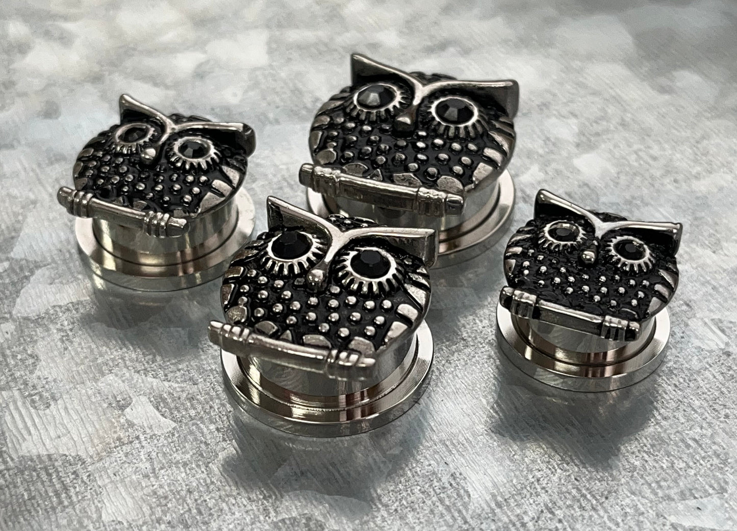 PAIR of Unique Owl with Black Gem Eyes Steel Screw Fit Tunnels/Plugs - Gauges 9/16 (14mm) thru 13/16" (20mm) available!