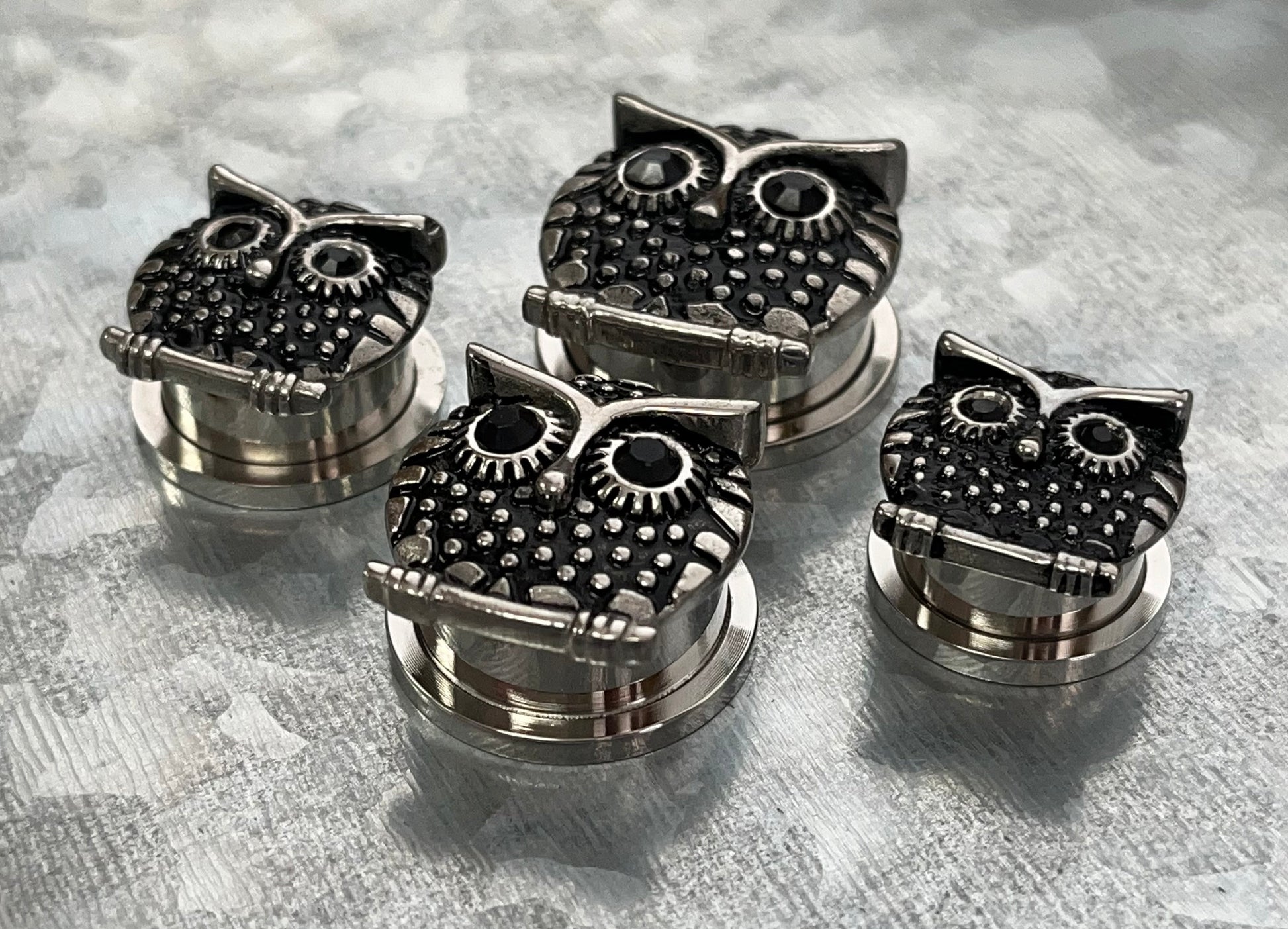 PAIR of Unique Owl with Black Gem Eyes Steel Screw Fit Tunnels/Plugs - Gauges 9/16 (14mm) thru 13/16" (20mm) available!