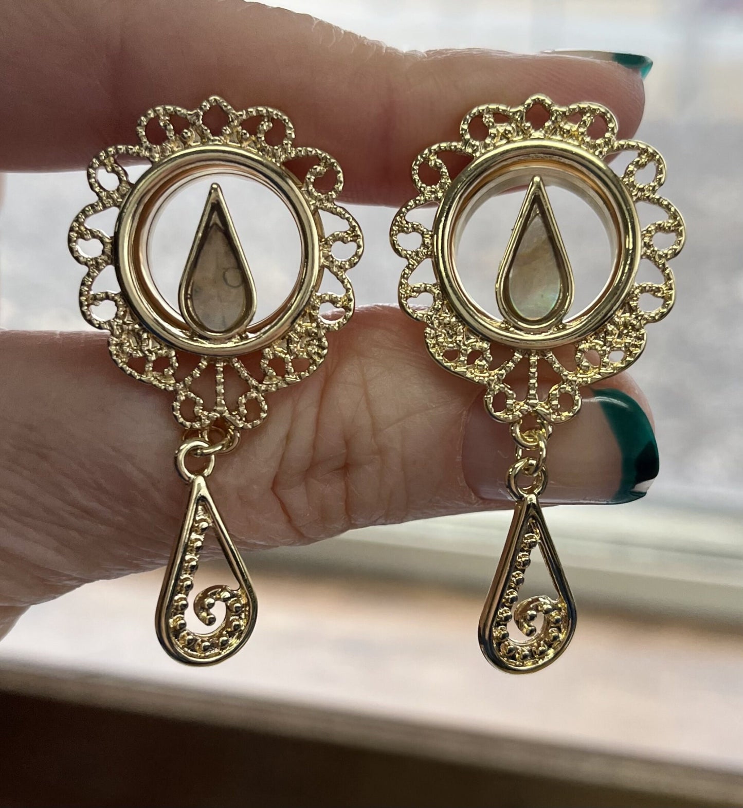 PAIR of 14kt Gold Plated Mother of Pearl Filigree Dangle Internally Threaded Double Flare Tunnel - Gauges 2g(6mm) thru 5/8"(16mm) available!