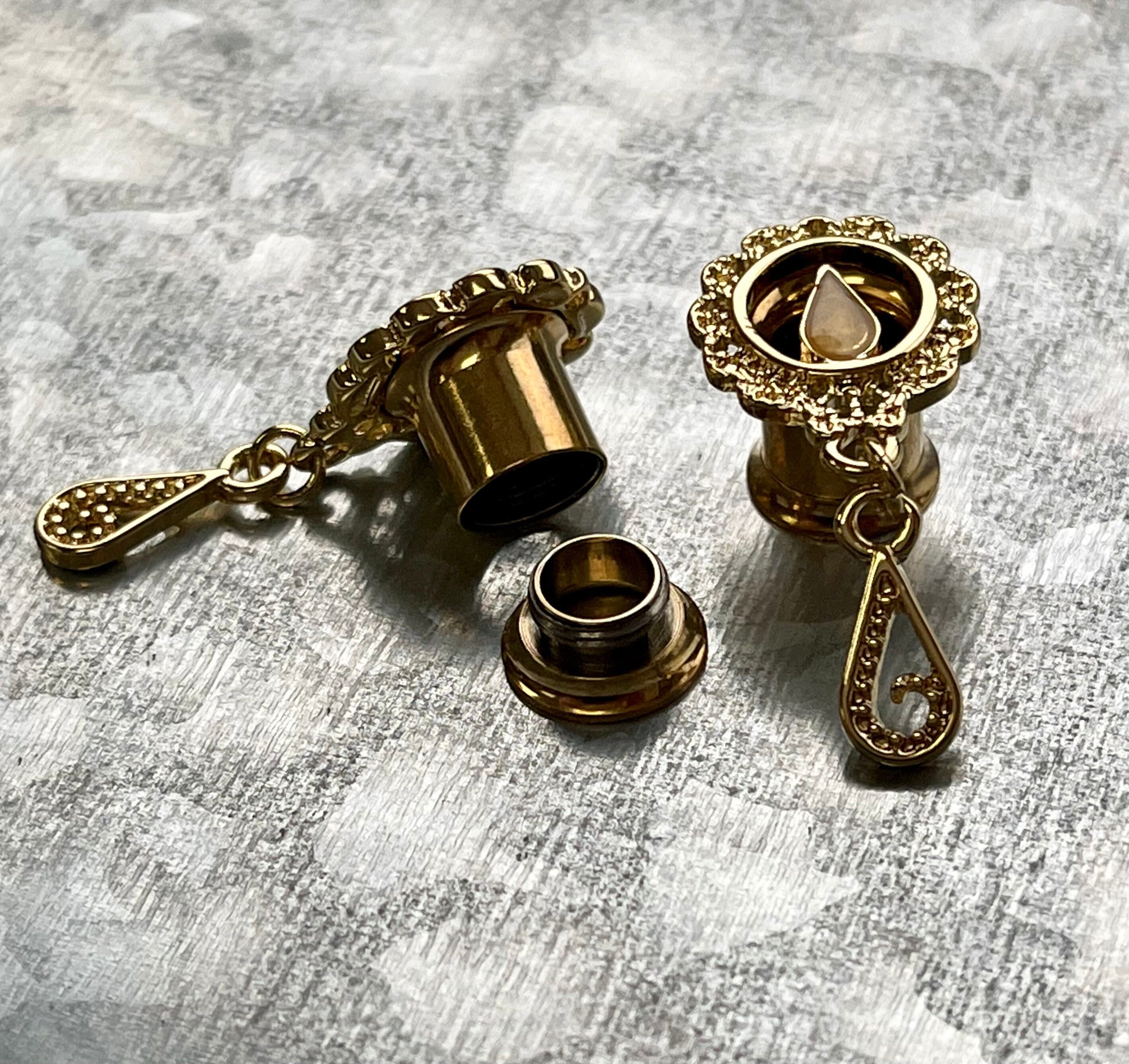 PAIR of 14kt Gold Plated Mother of Pearl Filigree Dangle Internally Threaded Double Flare Tunnel - Gauges 2g(6mm) thru 5/8"(16mm) available!