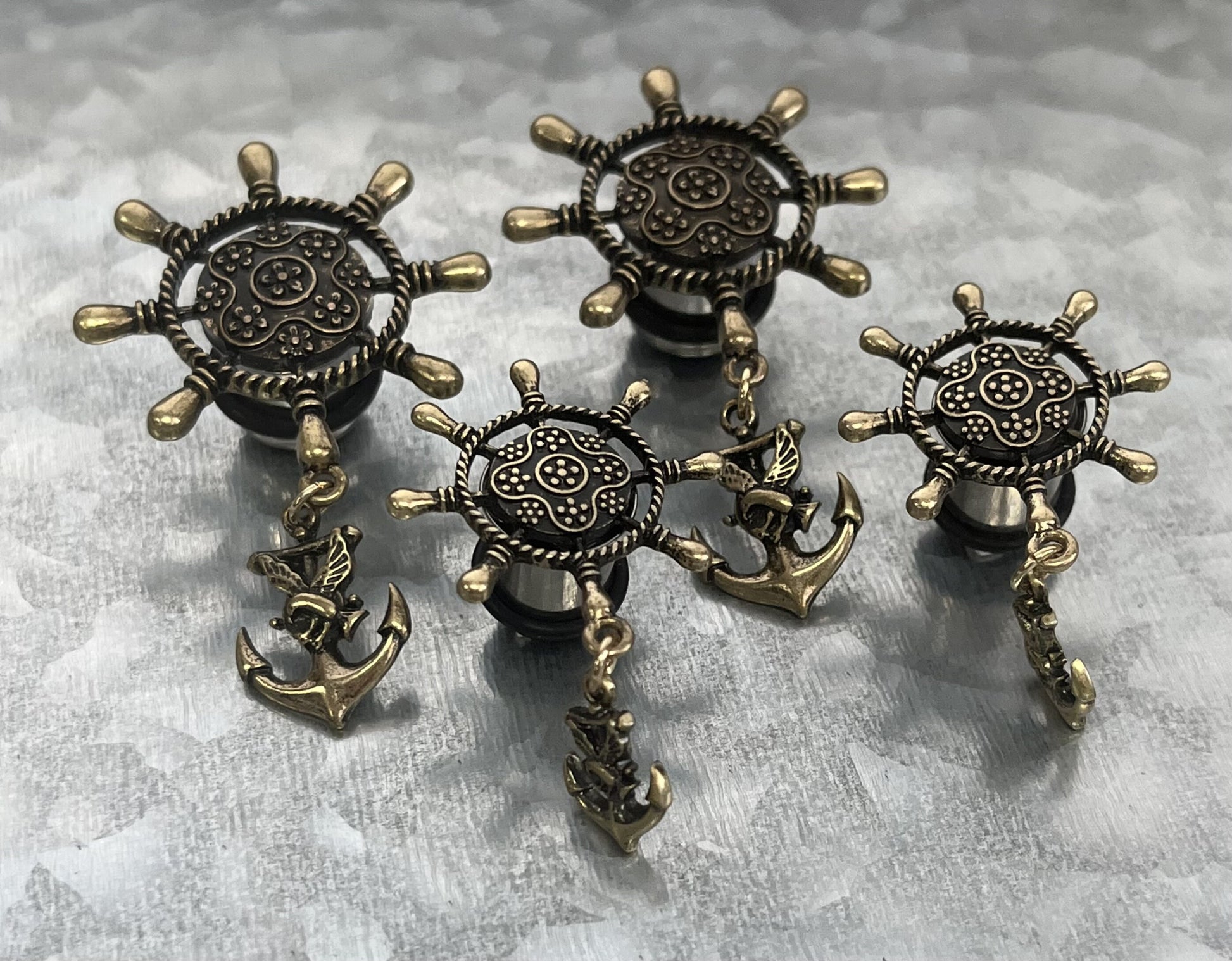 PAIR of Unique Ship Wheel with Anchor Dangle Steel Single Flare Tunnel/Plug and O-rings