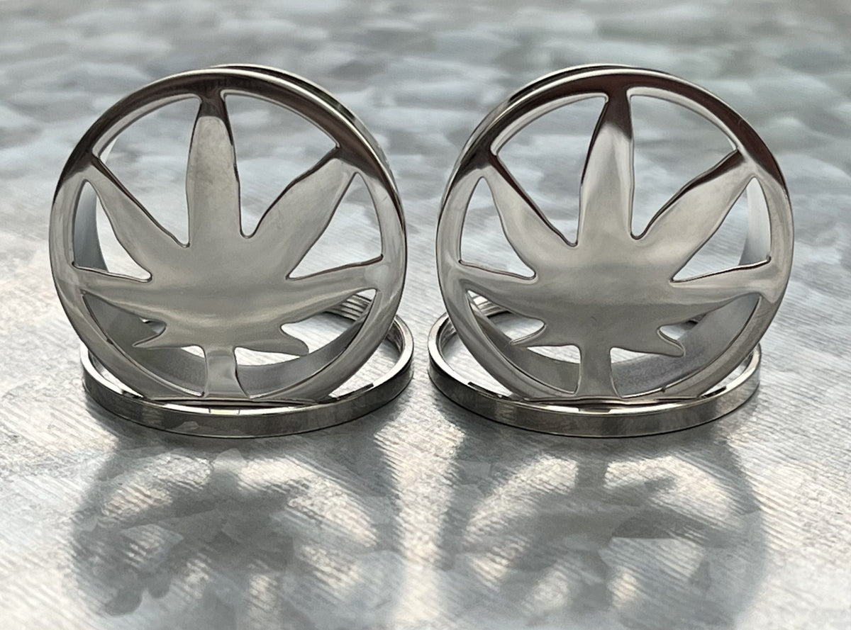 PAIR of Unique Pot Leaf Marijuana Steel Screw Fit Tunnels/Plugs - Gauges 0g (8mm) thru 1" (25mm) available!