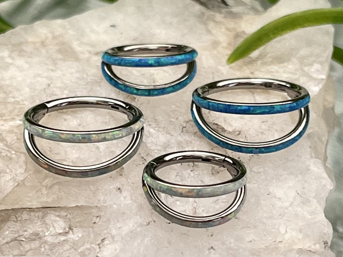 1 Piece Implant Grade Titanium Double Opal Lined Hinged Segment Septum Ring - White or Blue - Gauge 16g, Diameter 10mm & 8mm Available!