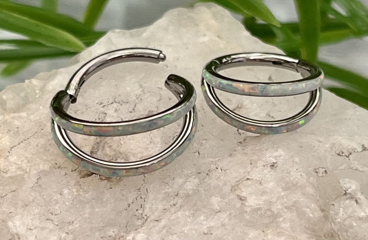 1 Piece Implant Grade Titanium Double Opal Lined Hinged Segment Septum Ring - White or Blue - Gauge 16g, Diameter 10mm & 8mm Available!