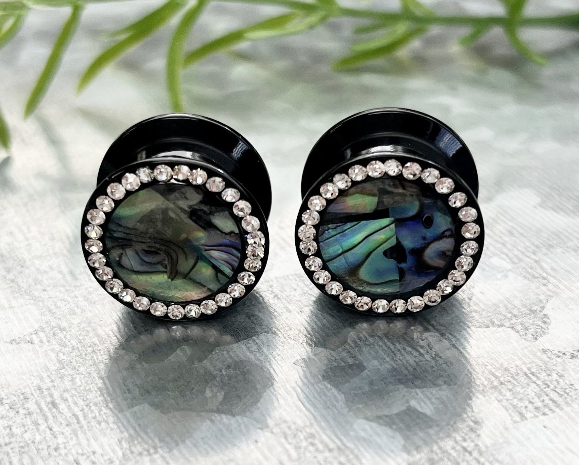 PAIR of Unique Abalone Center Inlay with CZ Gem Acrylic Screw Fit Stash Plugs - ONLY Gauges 1/2" (12mm) & 9/16 (14mm) Available!