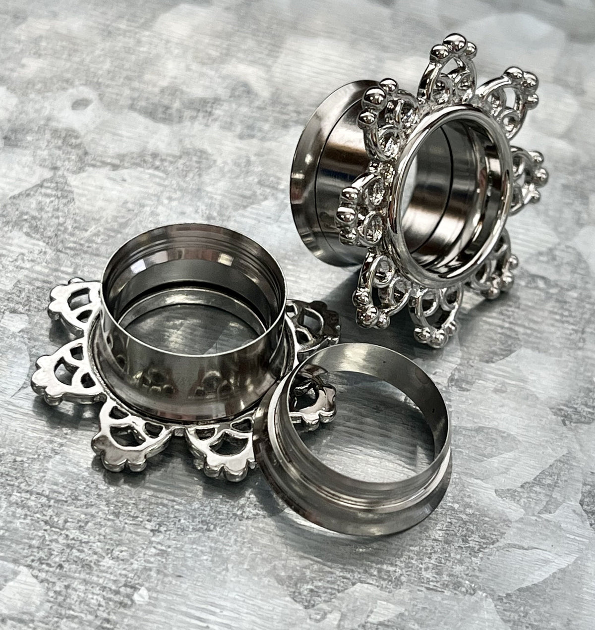 PAIR of Beautiful Tribal Hearts Filigree Internally Threaded Double Flare Steel Tunnels - Gauges 8g (3mm) thru 5/8" (16mm) available!
