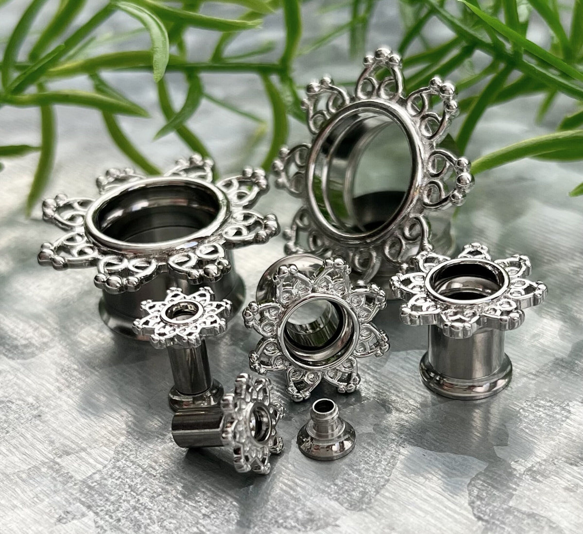 PAIR of Beautiful Tribal Hearts Filigree Internally Threaded Double Flare Steel Tunnels - Gauges 8g (3mm) thru 5/8" (16mm) available!