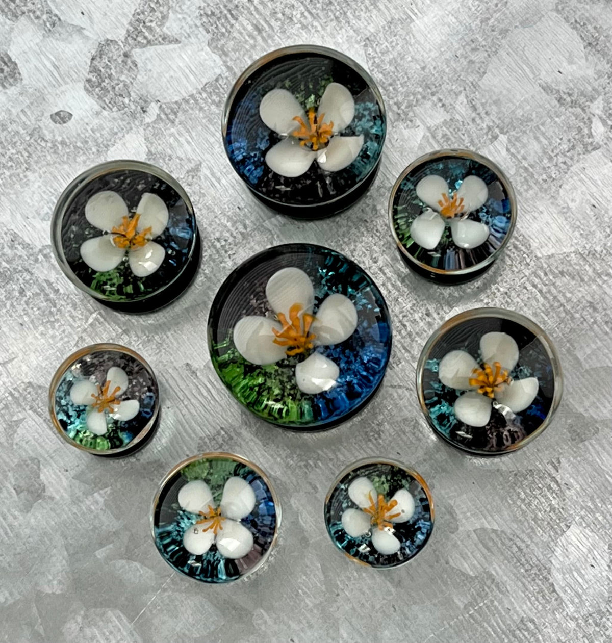PAIR of Unique Floating White Flower Pyrex Glass Double Flare Plugs - Gauges 0g (8mm) through 5/8" (16mm) available!