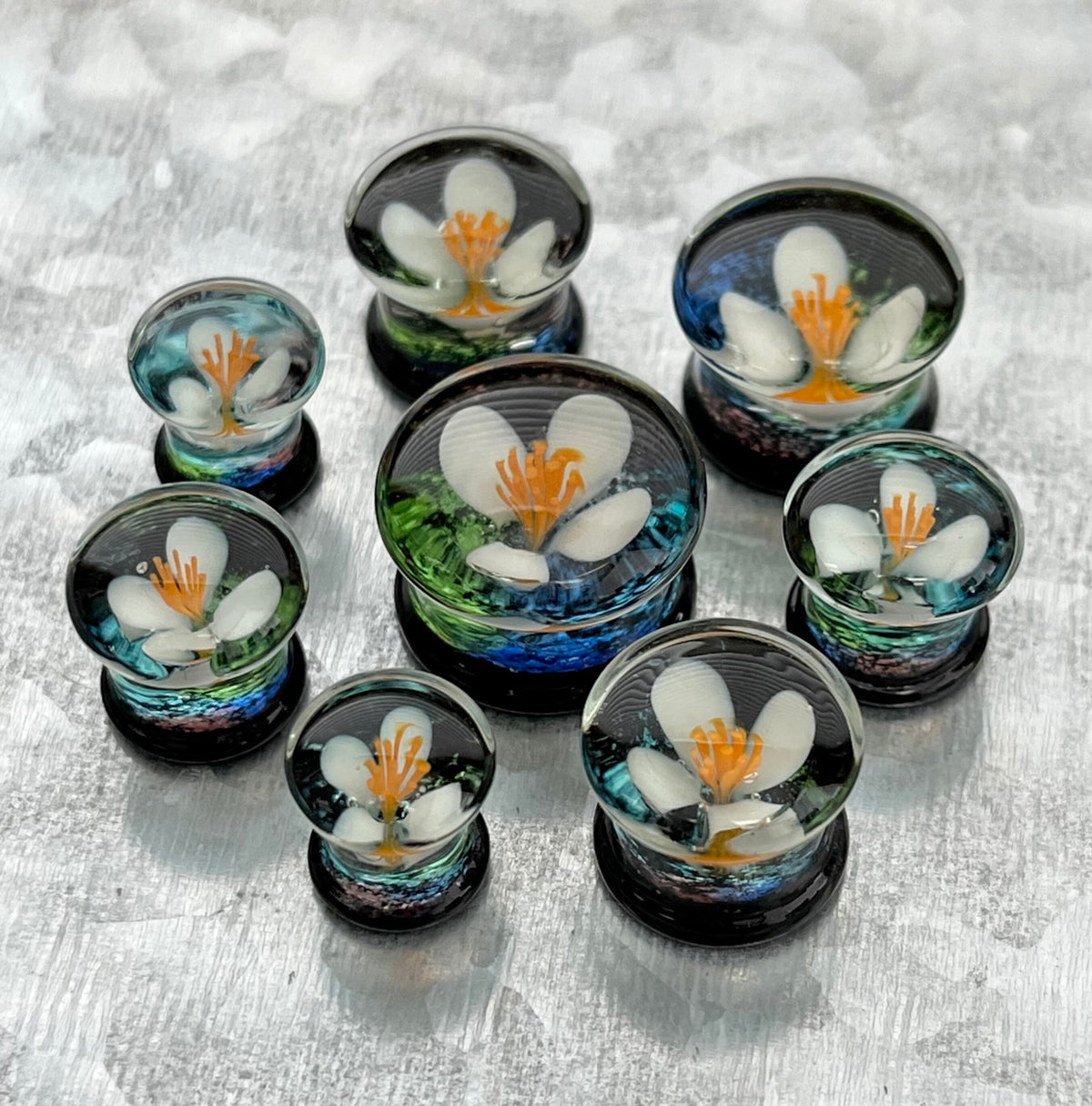 PAIR of Unique Floating White Flower Pyrex Glass Double Flare Plugs - Gauges 0g (8mm) through 5/8" (16mm) available!