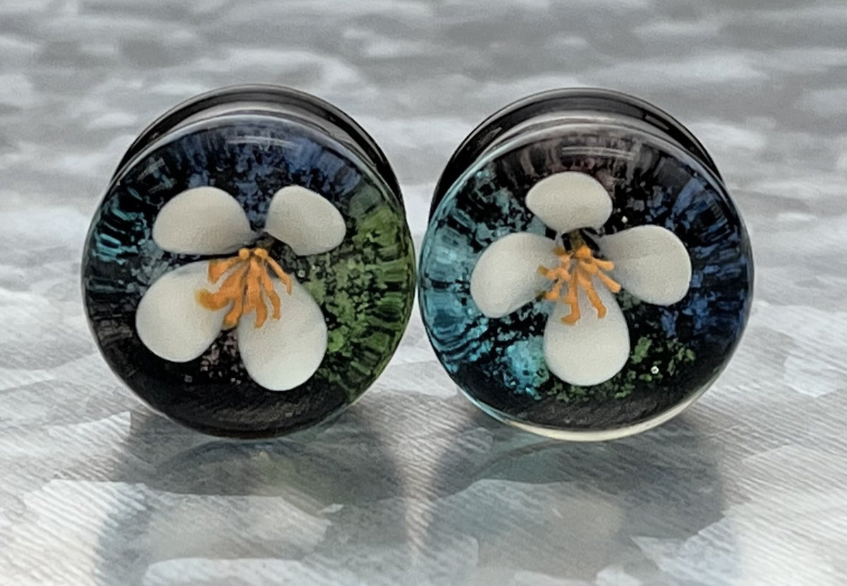 PAIR of Unique Floating White Flower Pyrex Glass Double Flare Plugs - Gauges 0g (8mm) through 5/8" (16mm) available!