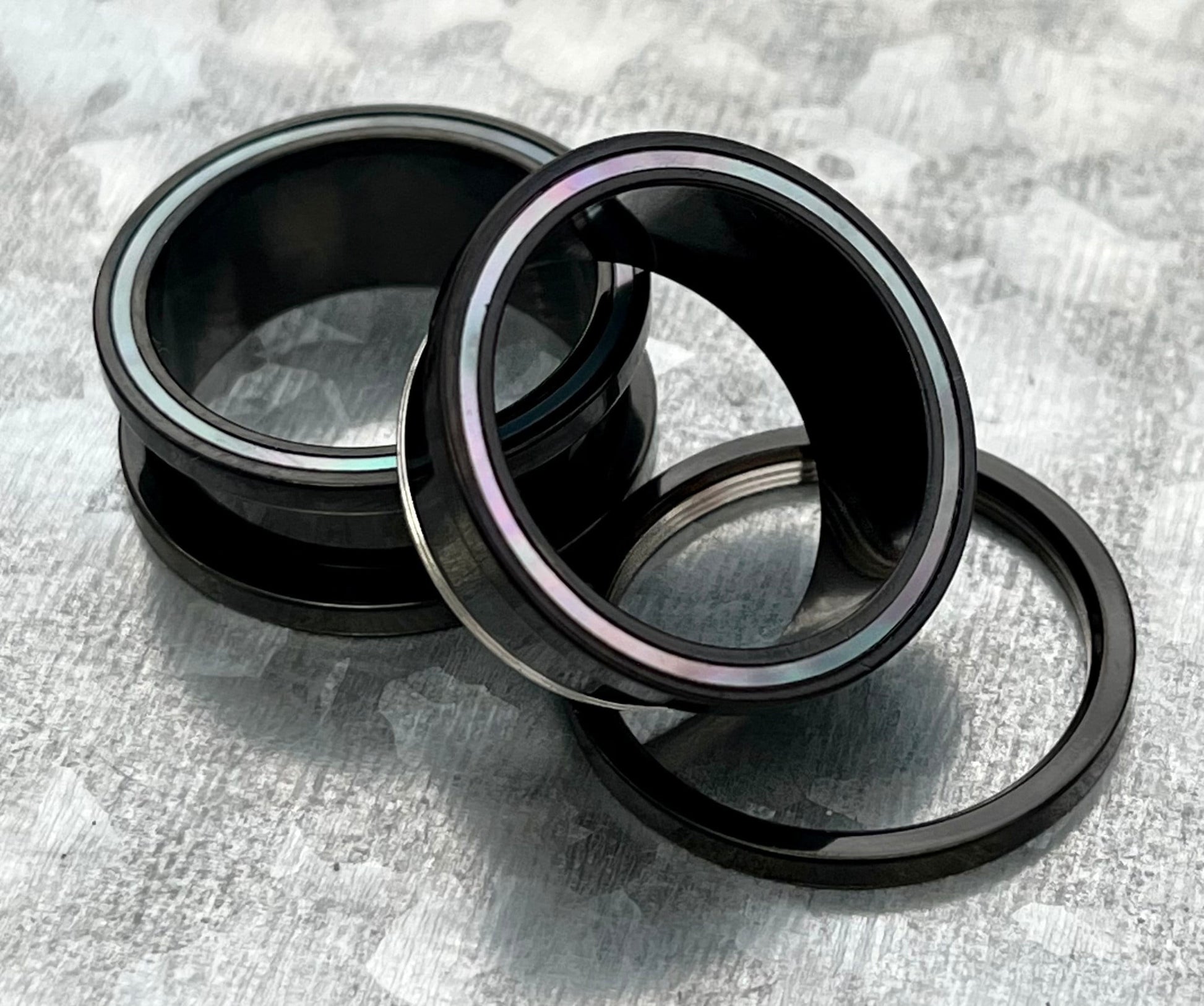 PAIR of Beautiful Mother of Pearl Rimmed Black Screw Fit Tunnels Plugs - Gauges 2g (6mm) thru 1" (25mm) available!