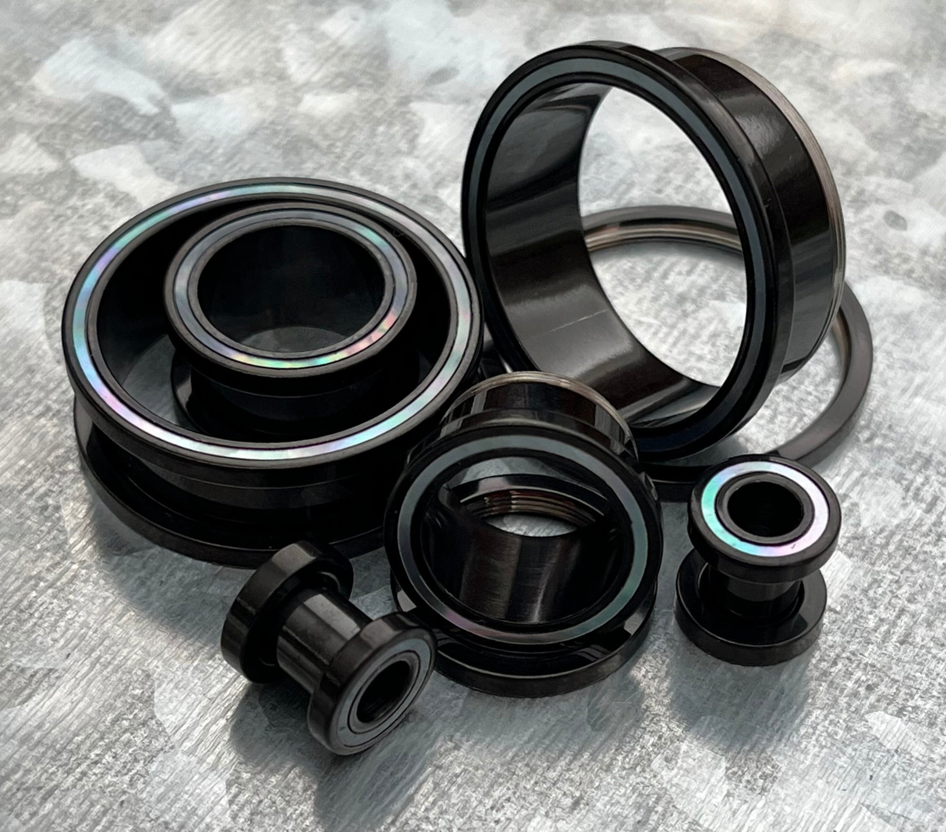 PAIR of Beautiful Mother of Pearl Rimmed Black Screw Fit Tunnels Plugs - Gauges 2g (6mm) thru 1" (25mm) available!