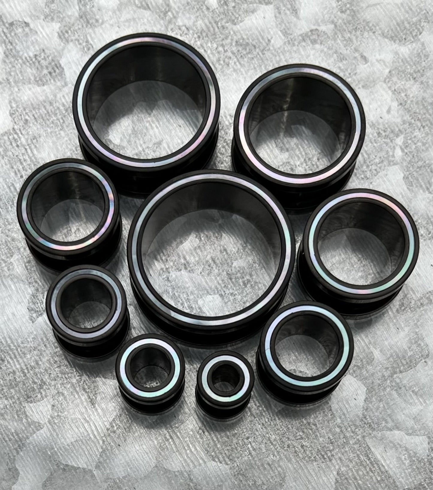 PAIR of Beautiful Mother of Pearl Rimmed Black Screw Fit Tunnels Plugs - Gauges 2g (6mm) thru 1" (25mm) available!