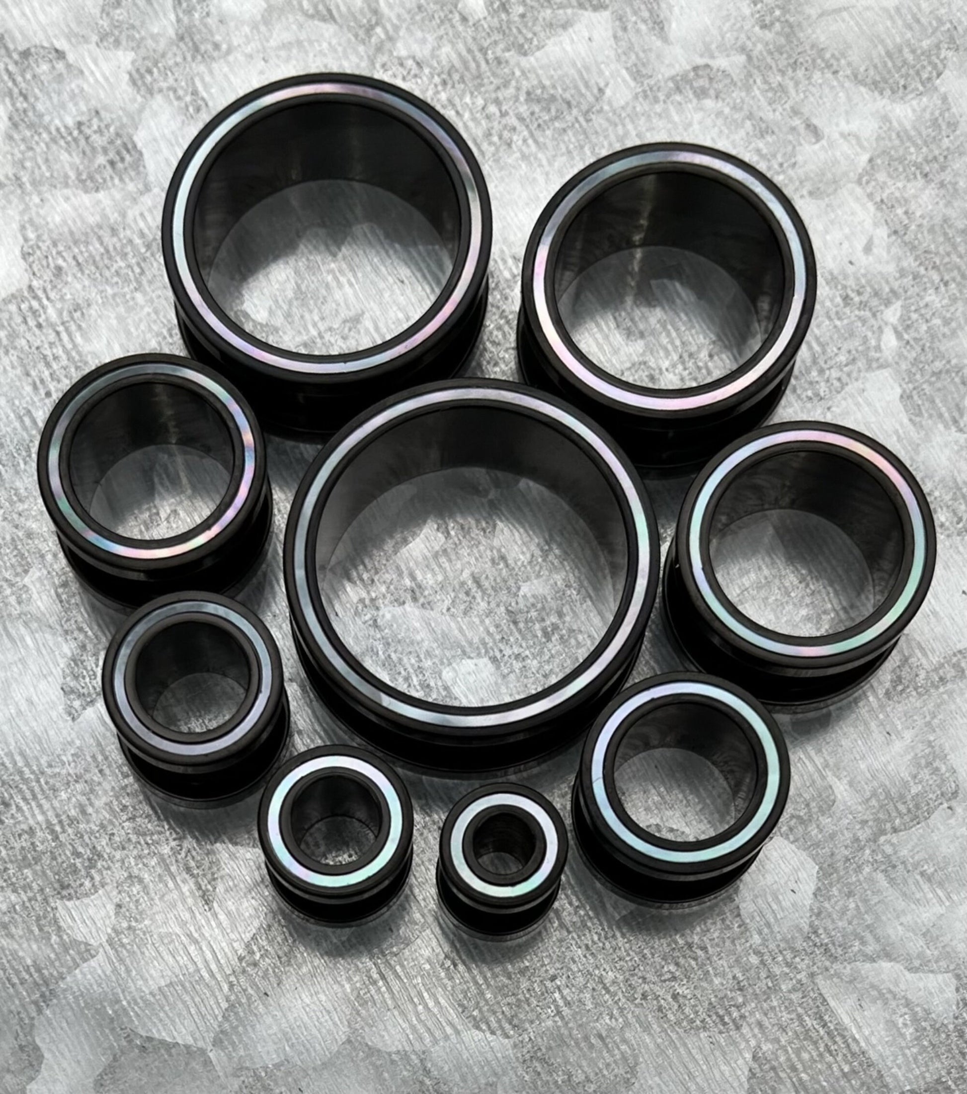 PAIR of Beautiful Mother of Pearl Rimmed Black Screw Fit Tunnels Plugs - Gauges 2g (6mm) thru 1" (25mm) available!